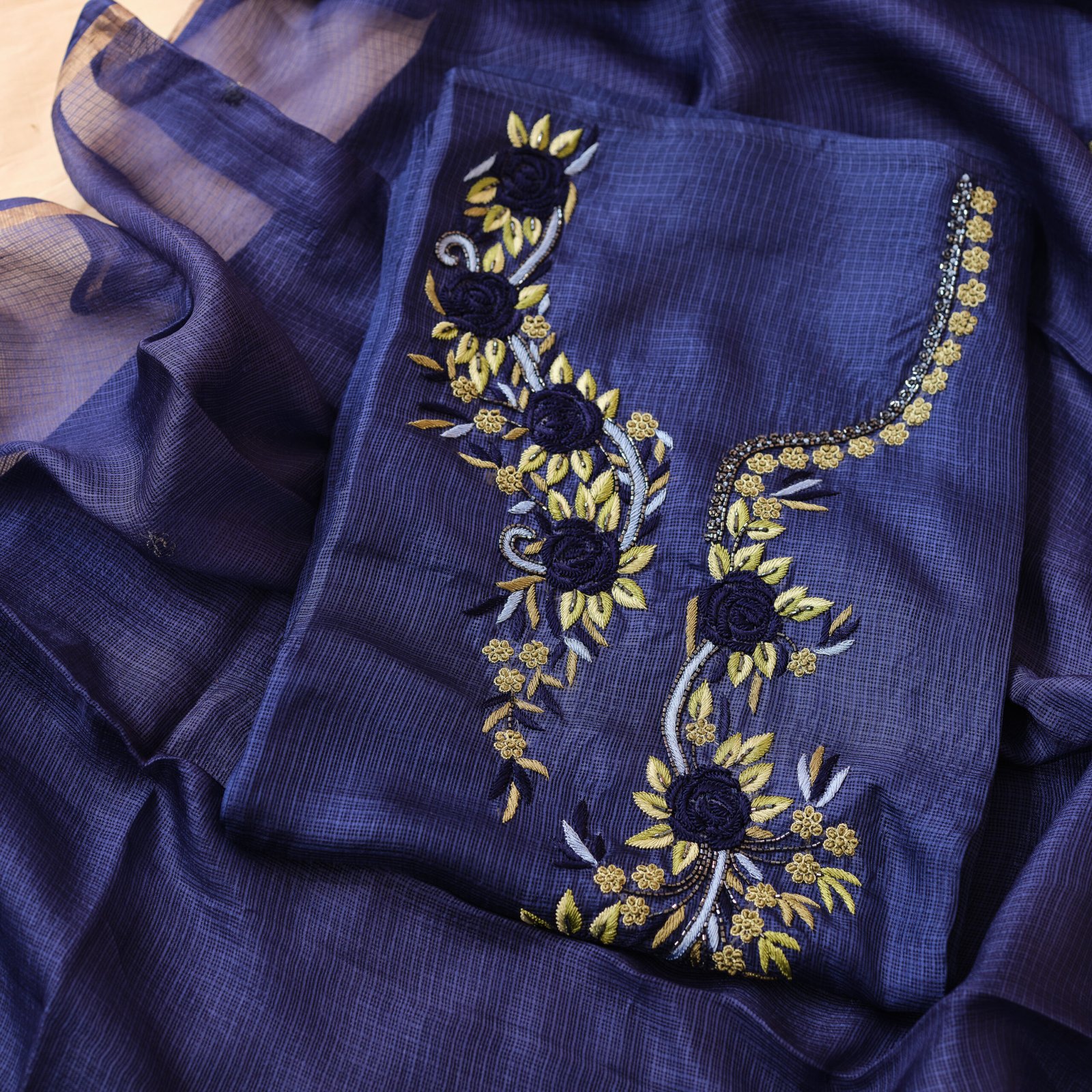 Blue Kota Silk Hand Embroidered 3Pc Suit
