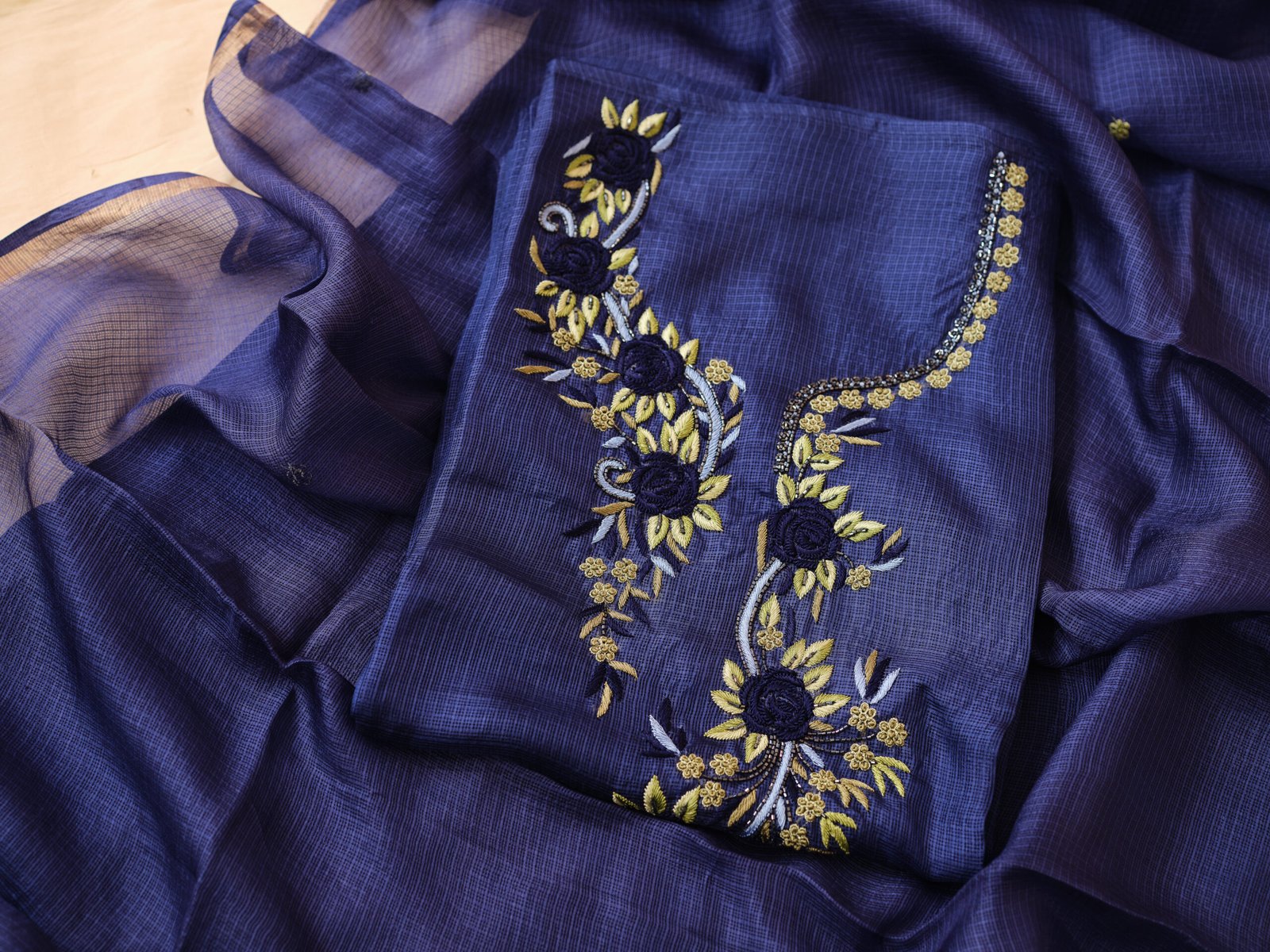 Blue Kota Silk Hand Embroidered 3Pc Suit