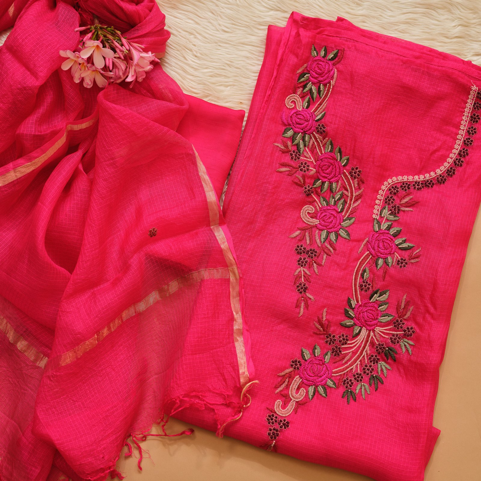 Electric Pink Kota Silk Hand Embroidered 3Pc Suit