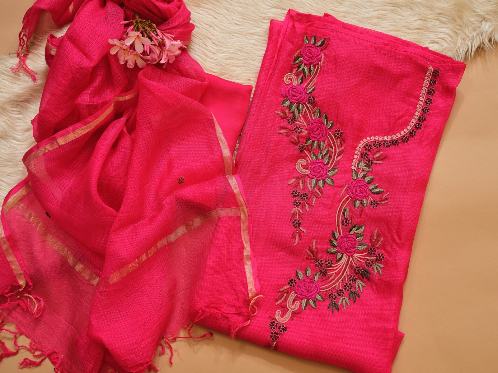 Electric Pink Kota Silk Hand Embroidered 3Pc Suit