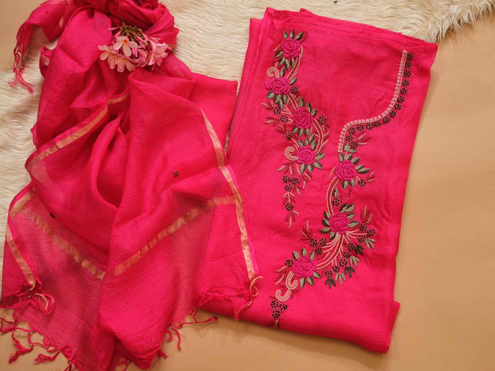 Electric Pink Kota Silk Hand Embroidered 3Pc Suit