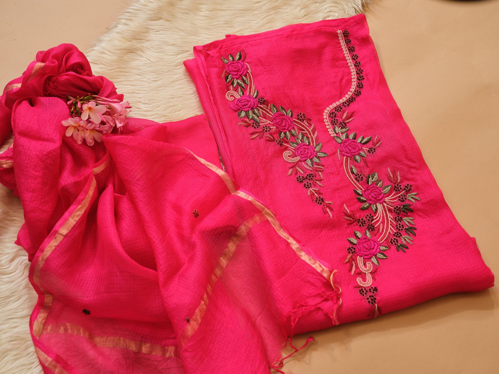 Electric Pink Kota Silk Hand Embroidered 3Pc Suit
