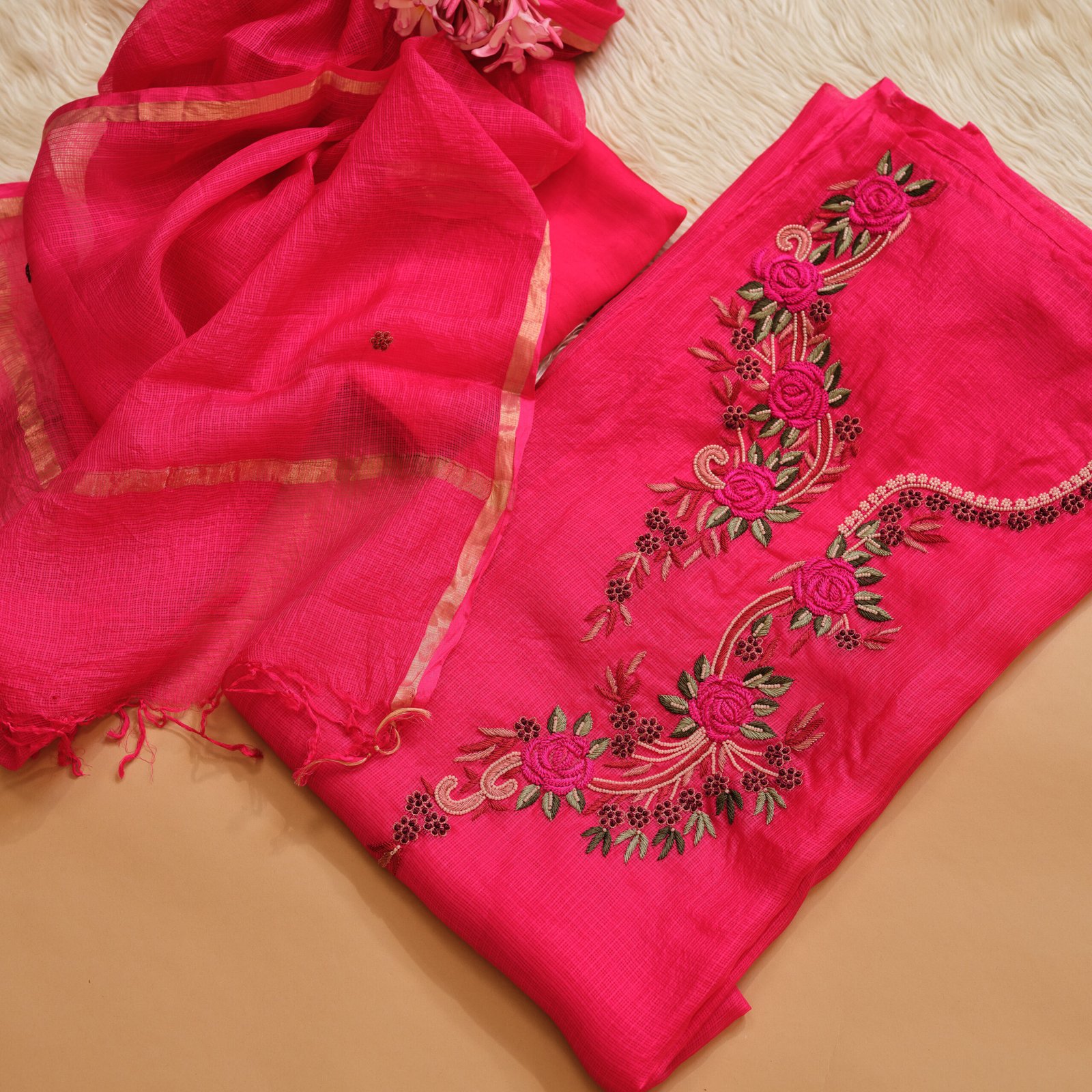 Electric Pink Kota Silk Hand Embroidered 3Pc Suit