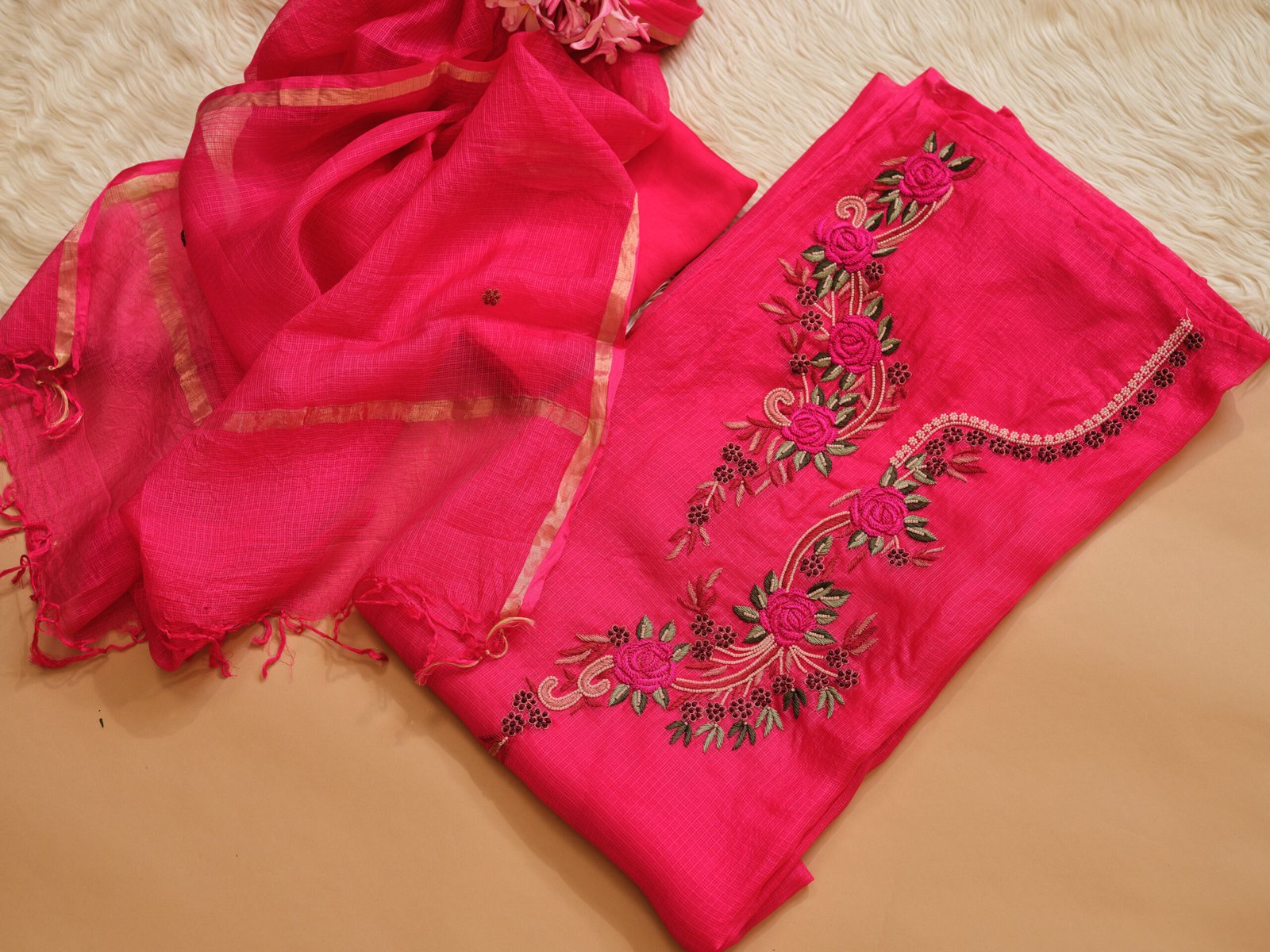 Electric Pink Kota Silk Hand Embroidered 3Pc Suit