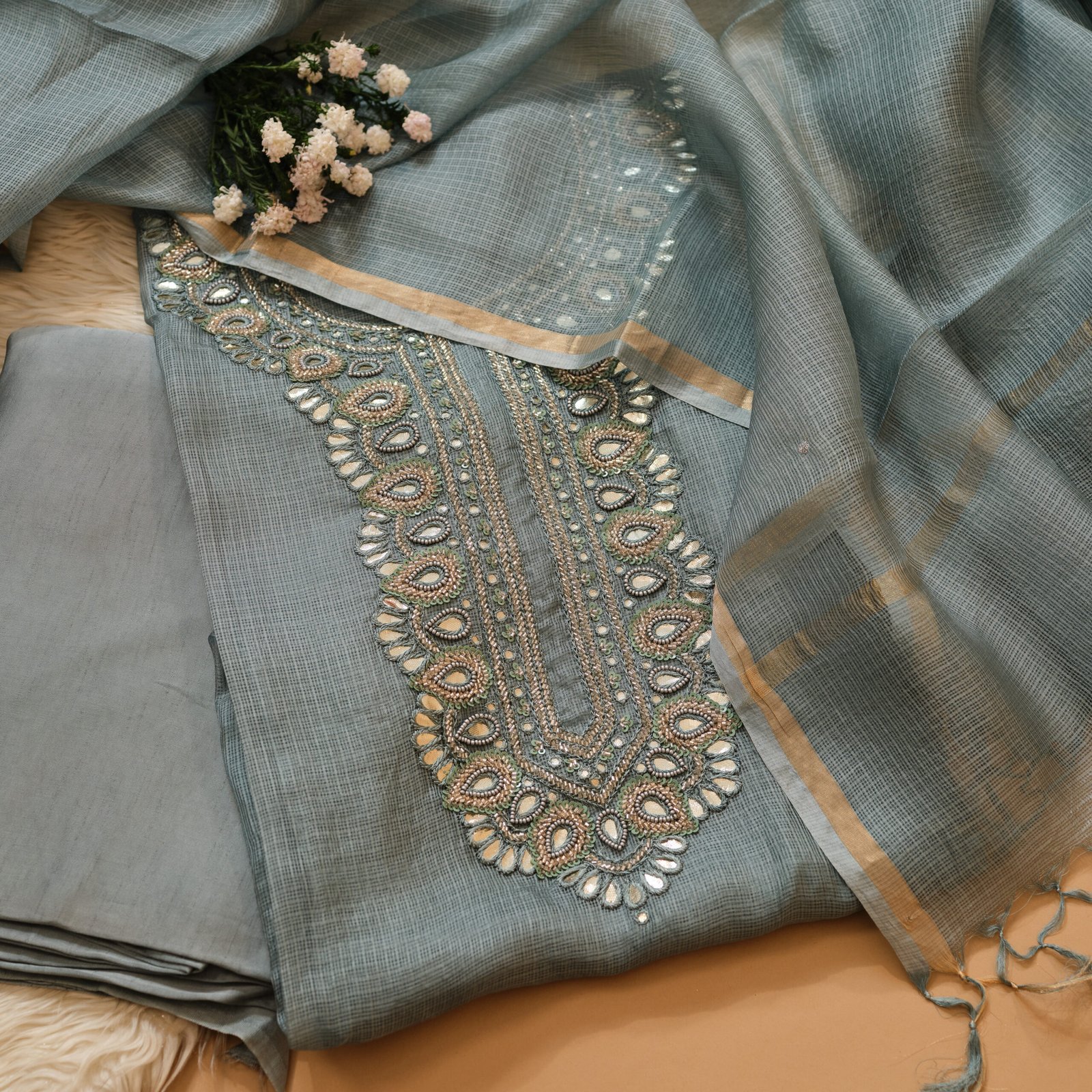 Grey Kota Silk Gota Patti Work 3 Pc Suit