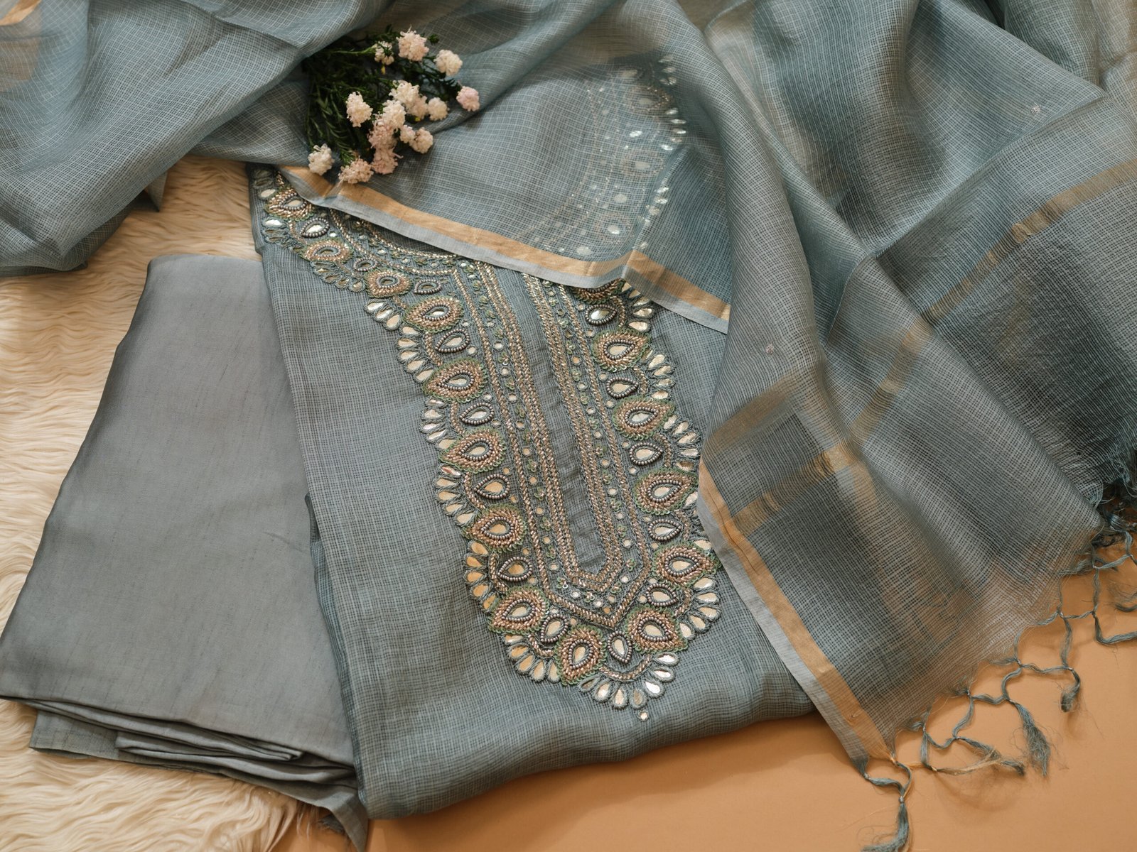 Grey Kota Silk Gota Patti Work 3 Pc Suit