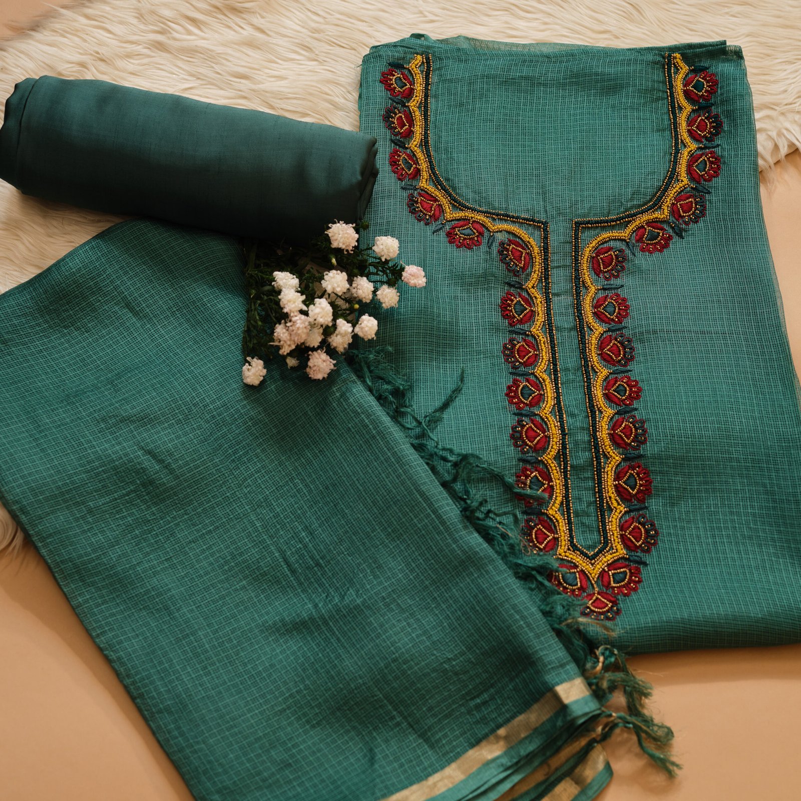Green Kota Silk Hand Embroidered 3Pc Suit