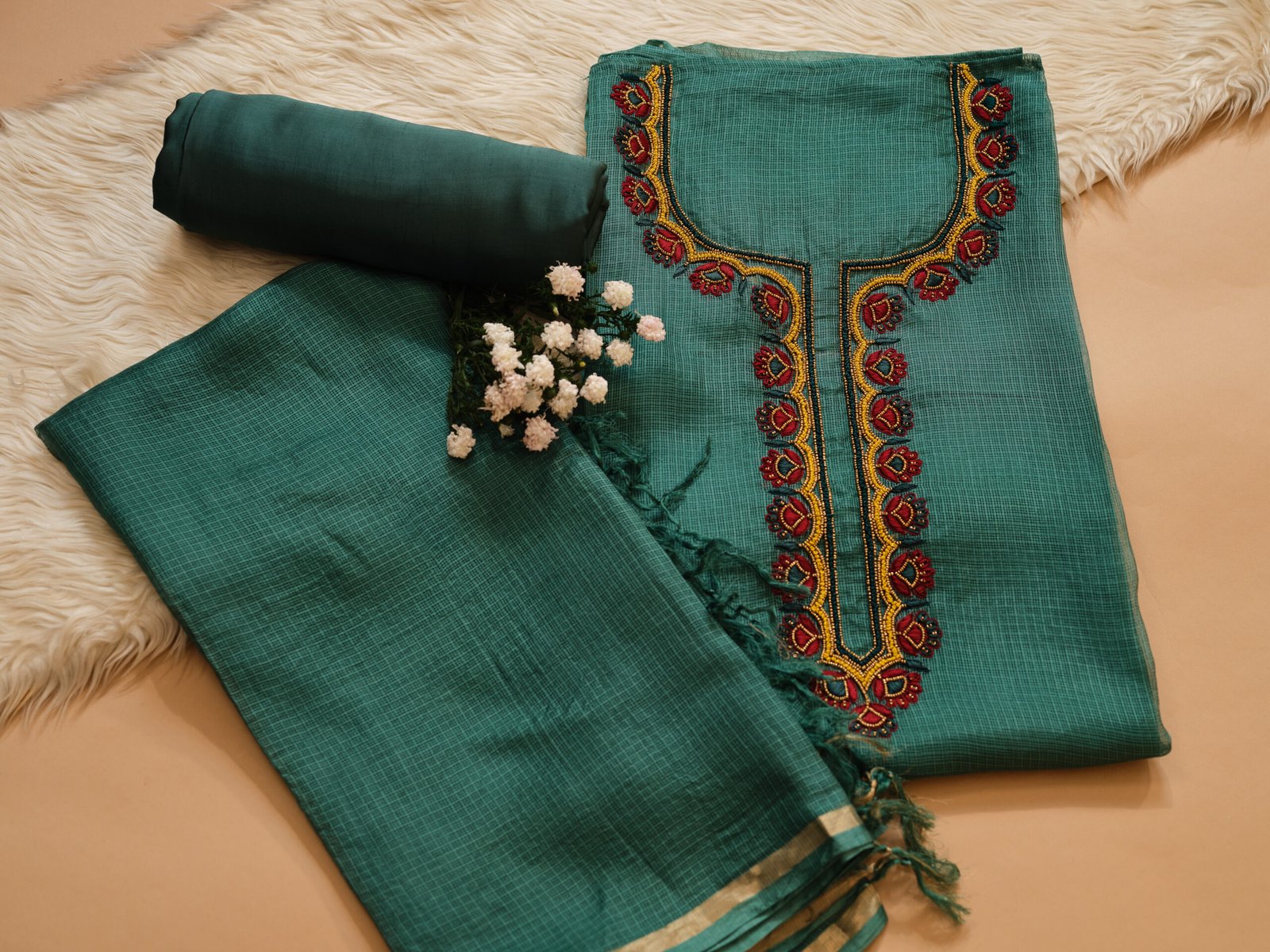 Green Kota Silk Hand Embroidered 3Pc Suit