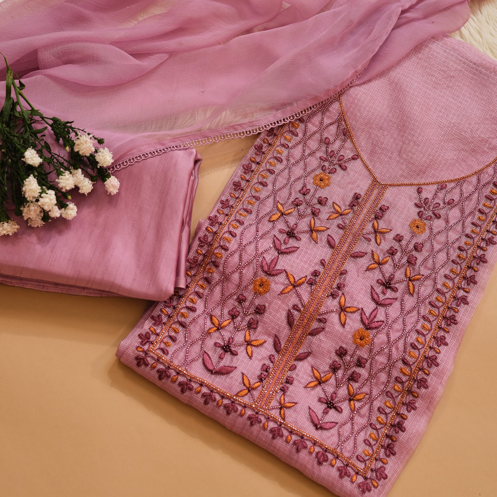 Onion Pink Kota Silk Gota Patti Work 3Pc Suit