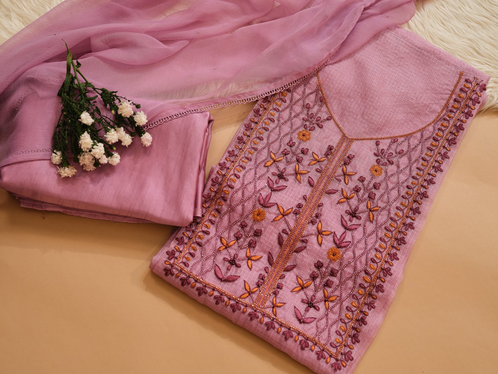 Onion Pink Kota Silk Gota Patti Work 3Pc Suit