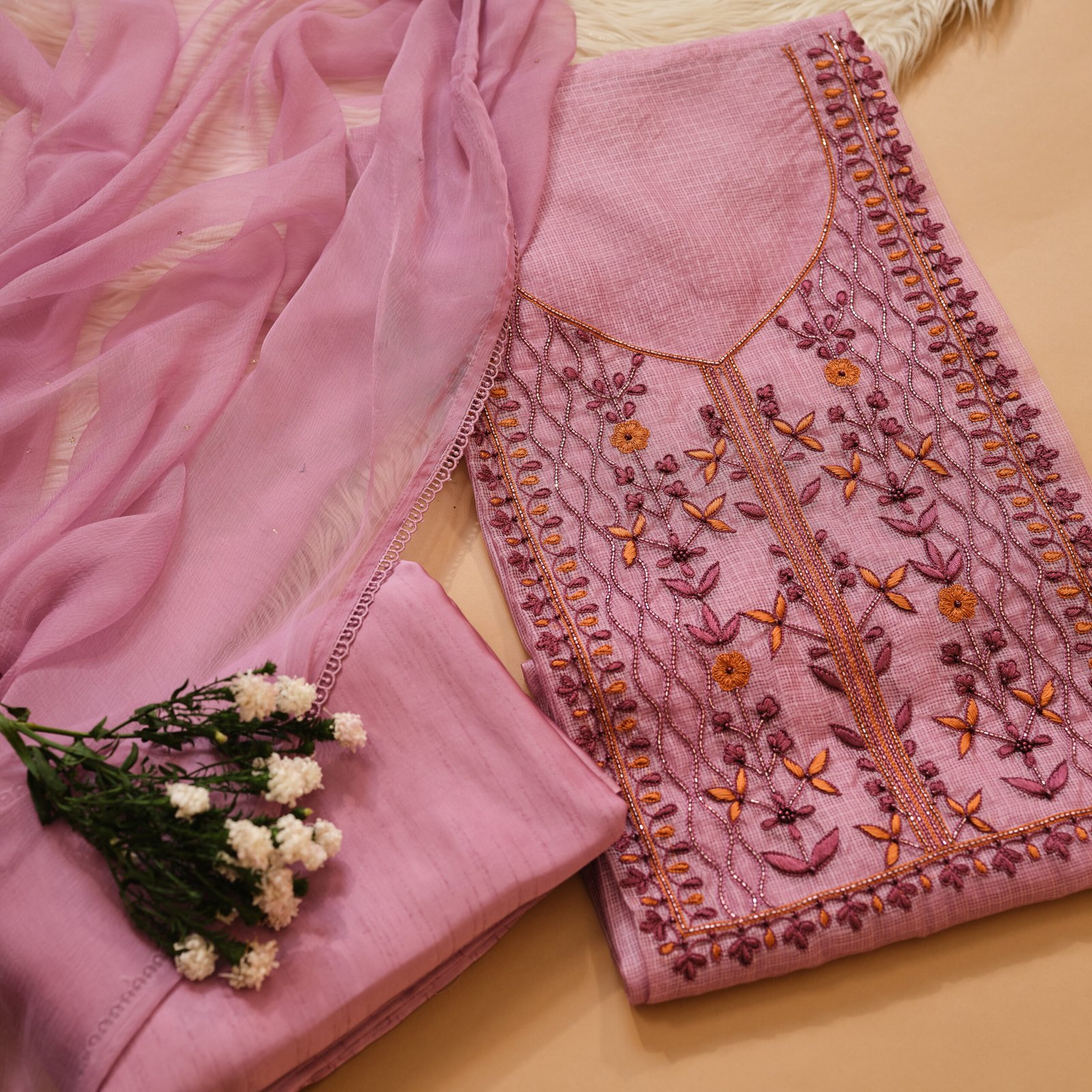 Light Purple Kota Silk Hand Embroidered Suit with Chiffon Mukaish Dupatta