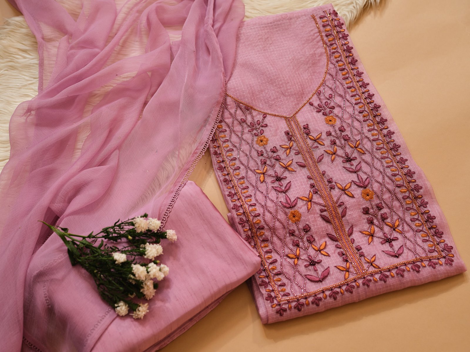 Light Purple Kota Silk Hand Embroidered Suit with Chiffon Mukaish Dupatta