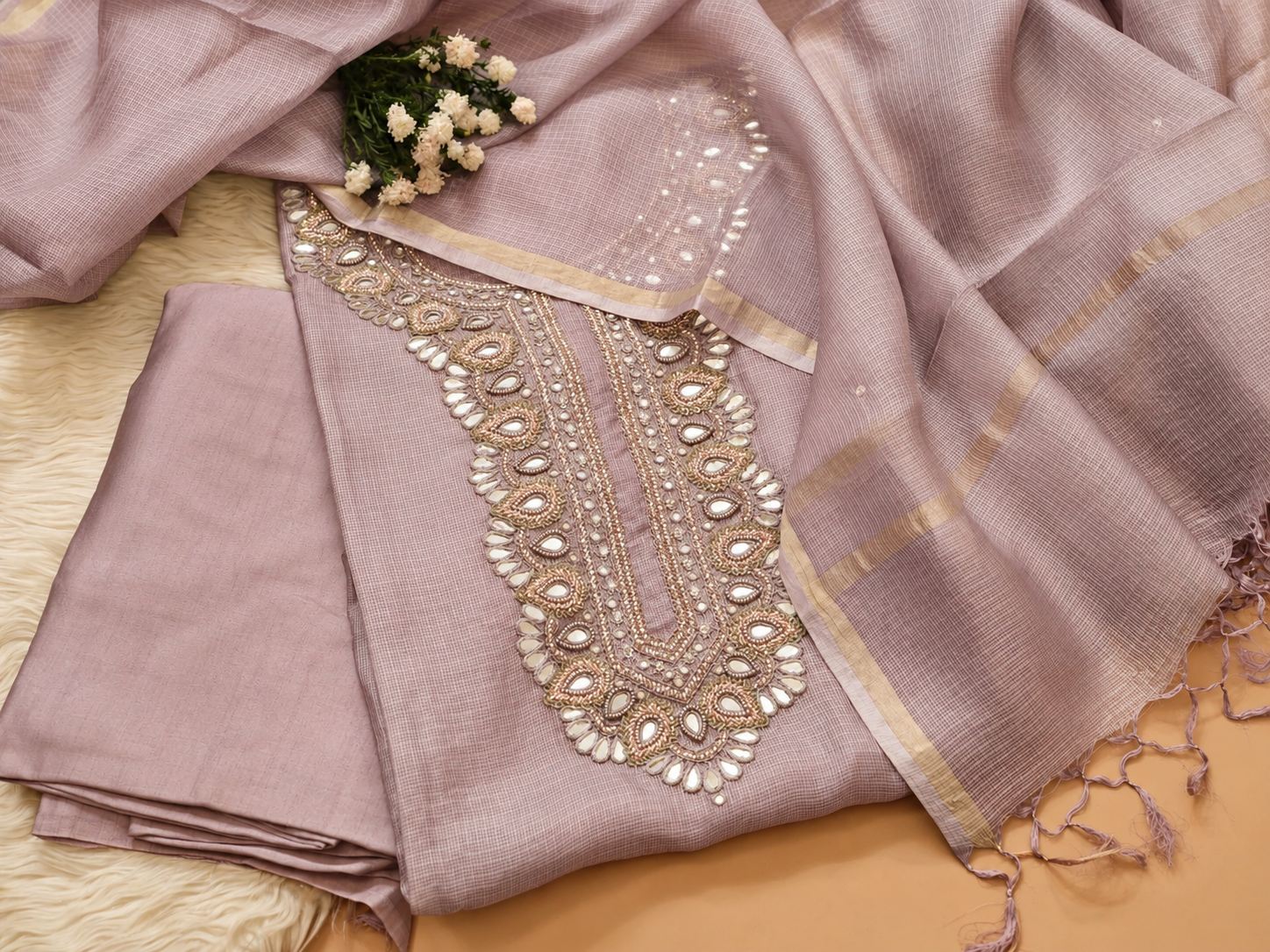 Onion Pink Kota Silk Gota Patti Work 3Pc Suit