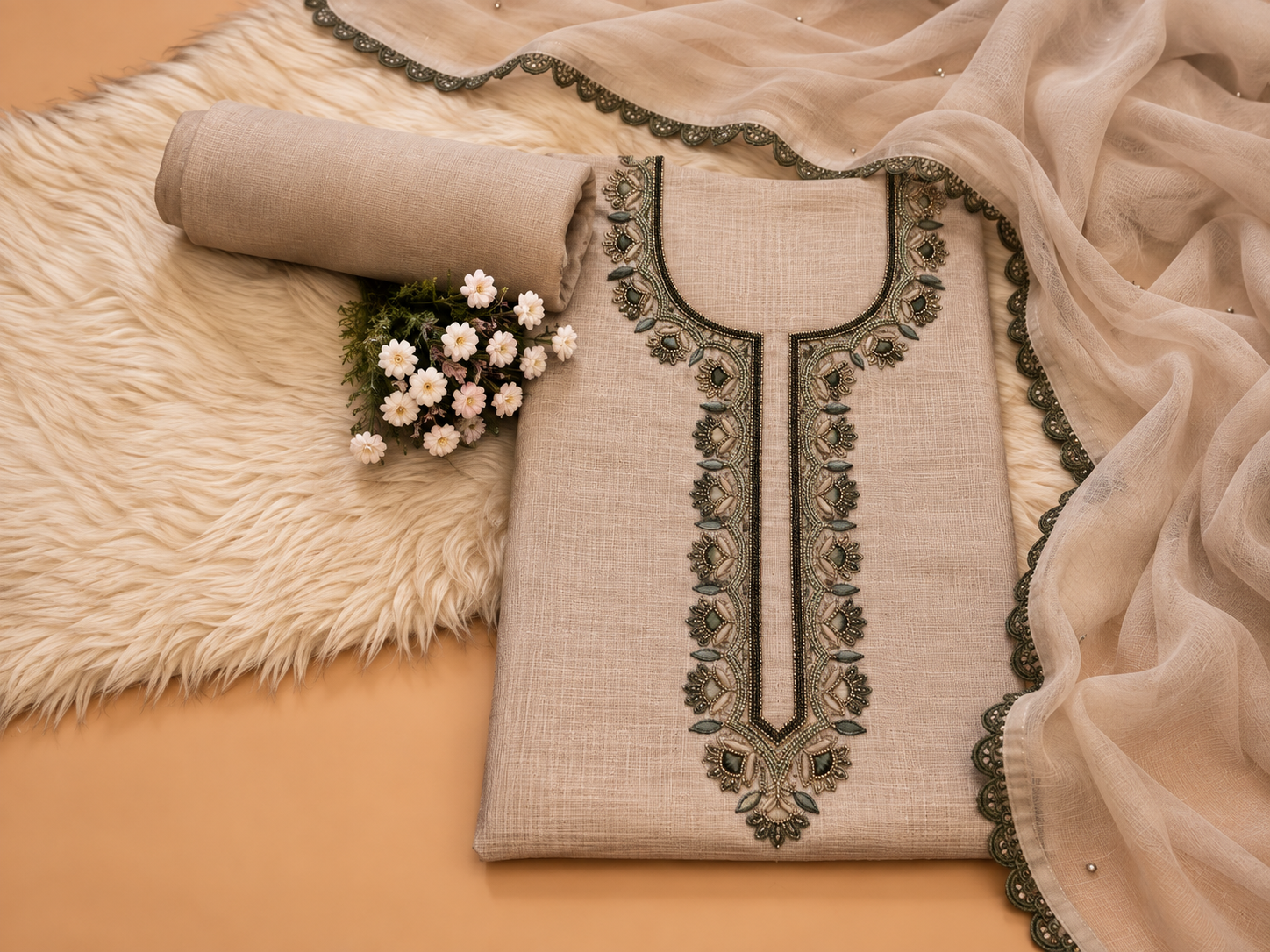 Beige Buff Kota Silk Hand Embroidered 3Pc Suit