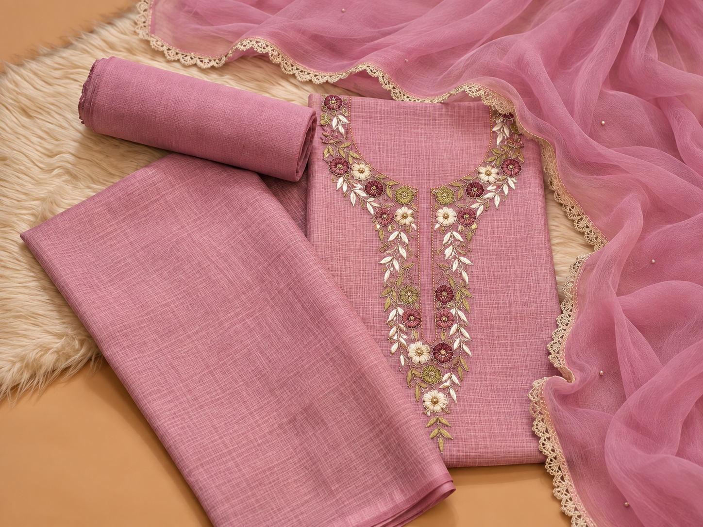 Rose Pink Kota Silk Hand Embroidered Suit with Chiffon Mukaish Dupatta