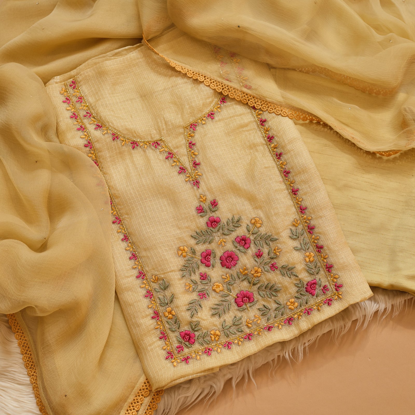 Lime Yellow Kota Silk Hand Embroidered Suit with Chiffon Mukaish Dupatta