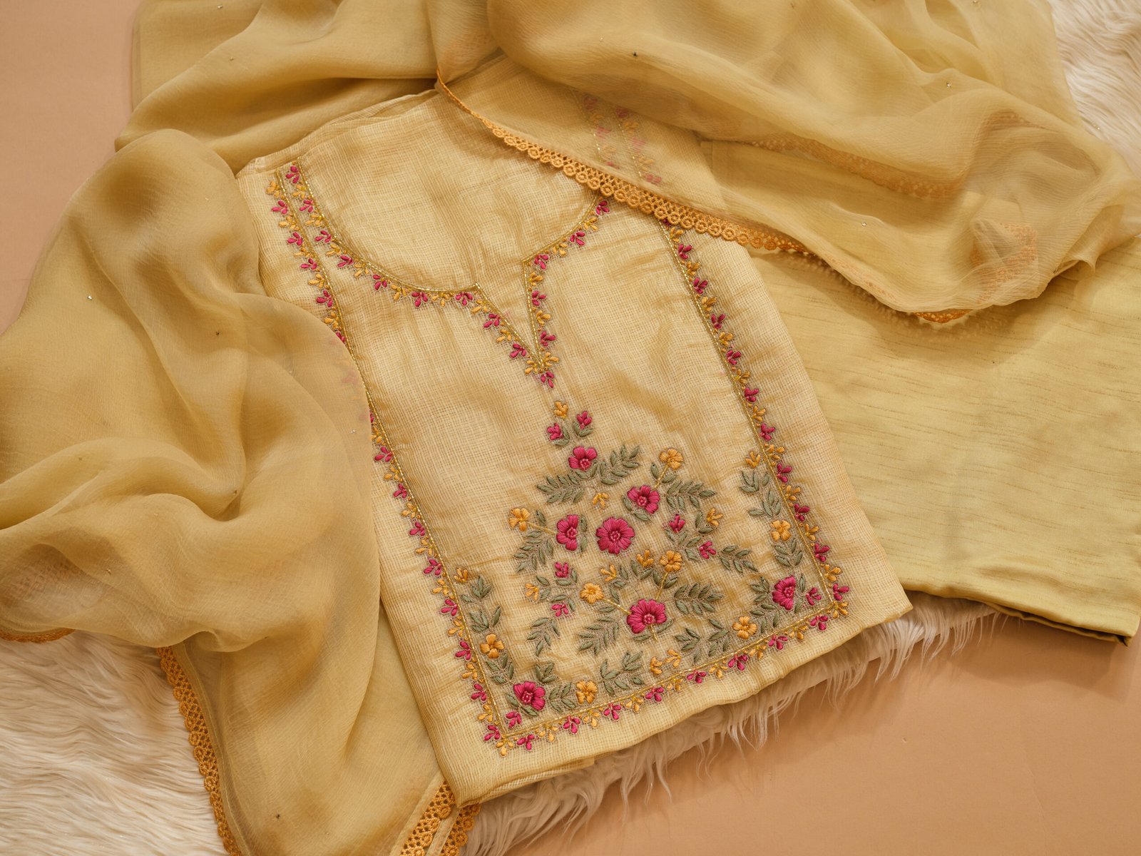 Lime Yellow Kota Silk Hand Embroidered Suit with Chiffon Mukaish Dupatta