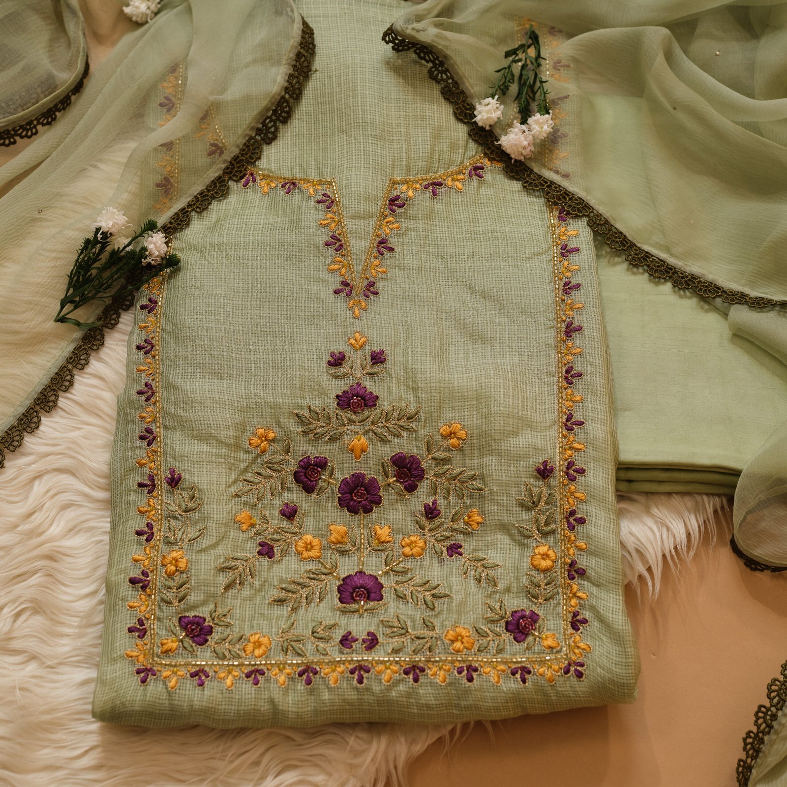 Pista Green Kota Silk Hand Embroidered Suit with Chiffon Mukaish Dupatta