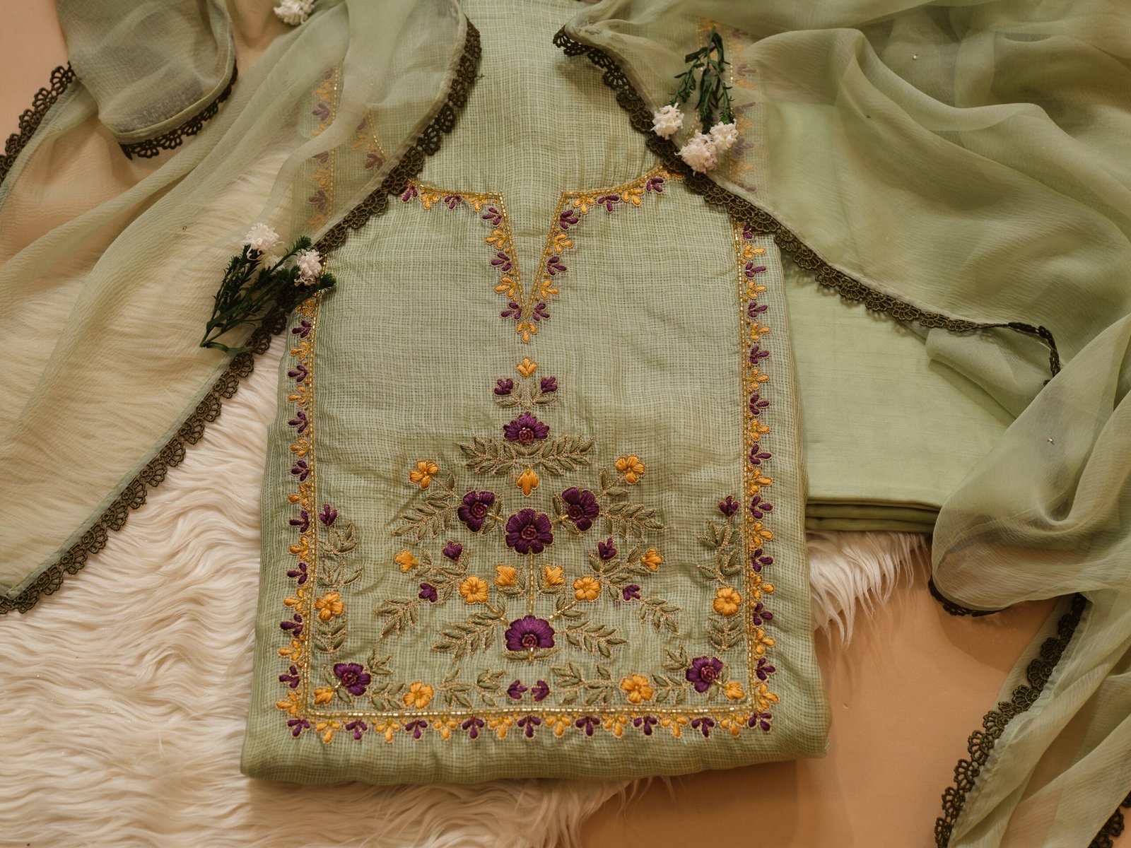 Pista Green Kota Silk Hand Embroidered Suit with Chiffon Mukaish Dupatta