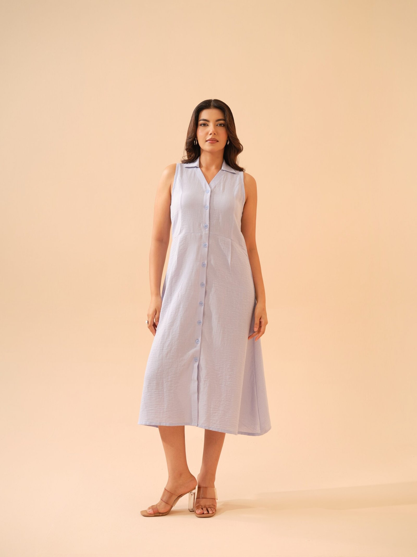 Winter Blue Cotton Linen Shirt Collar Dress