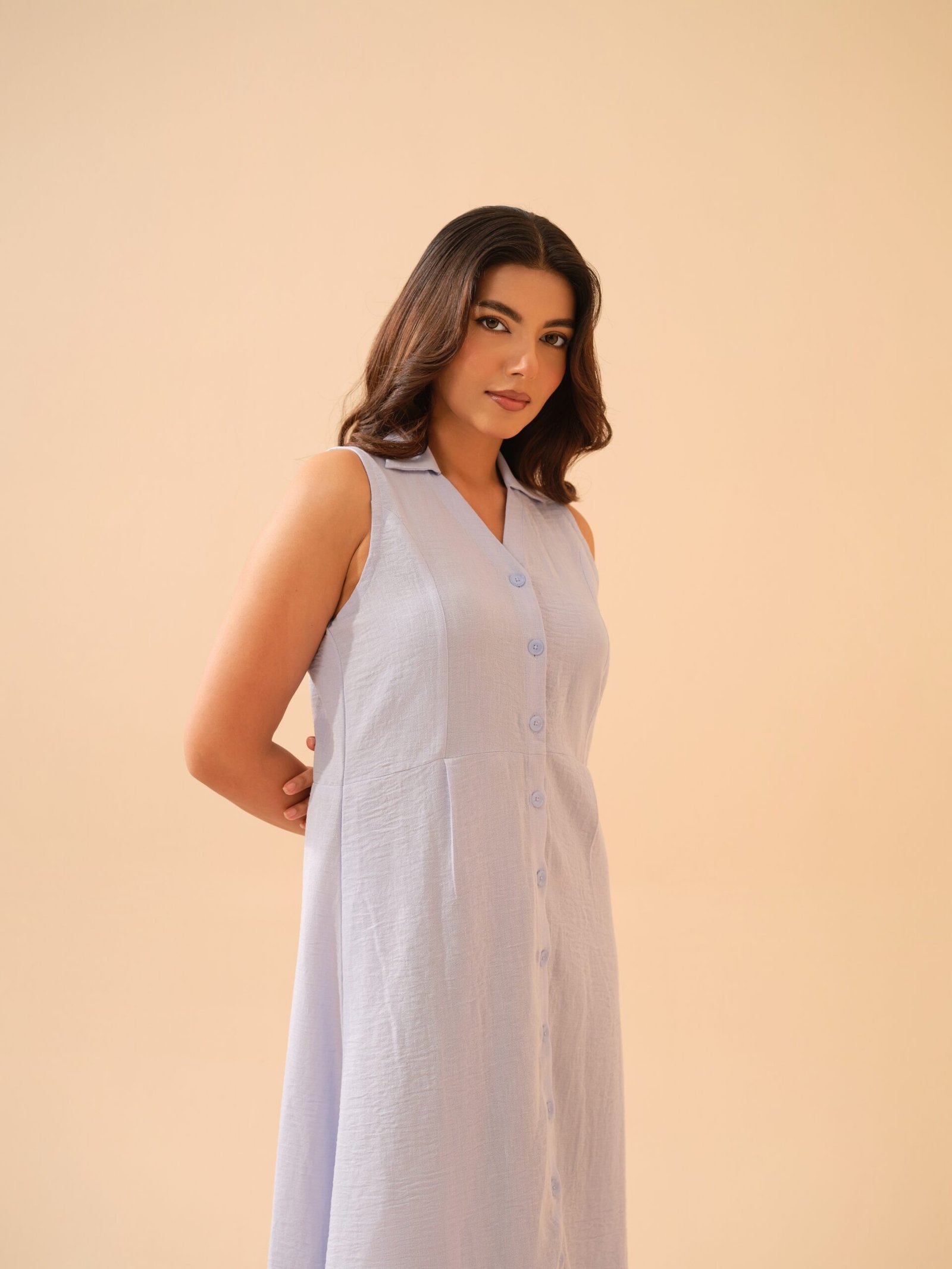 Winter Blue Cotton Linen Shirt Collar Dress