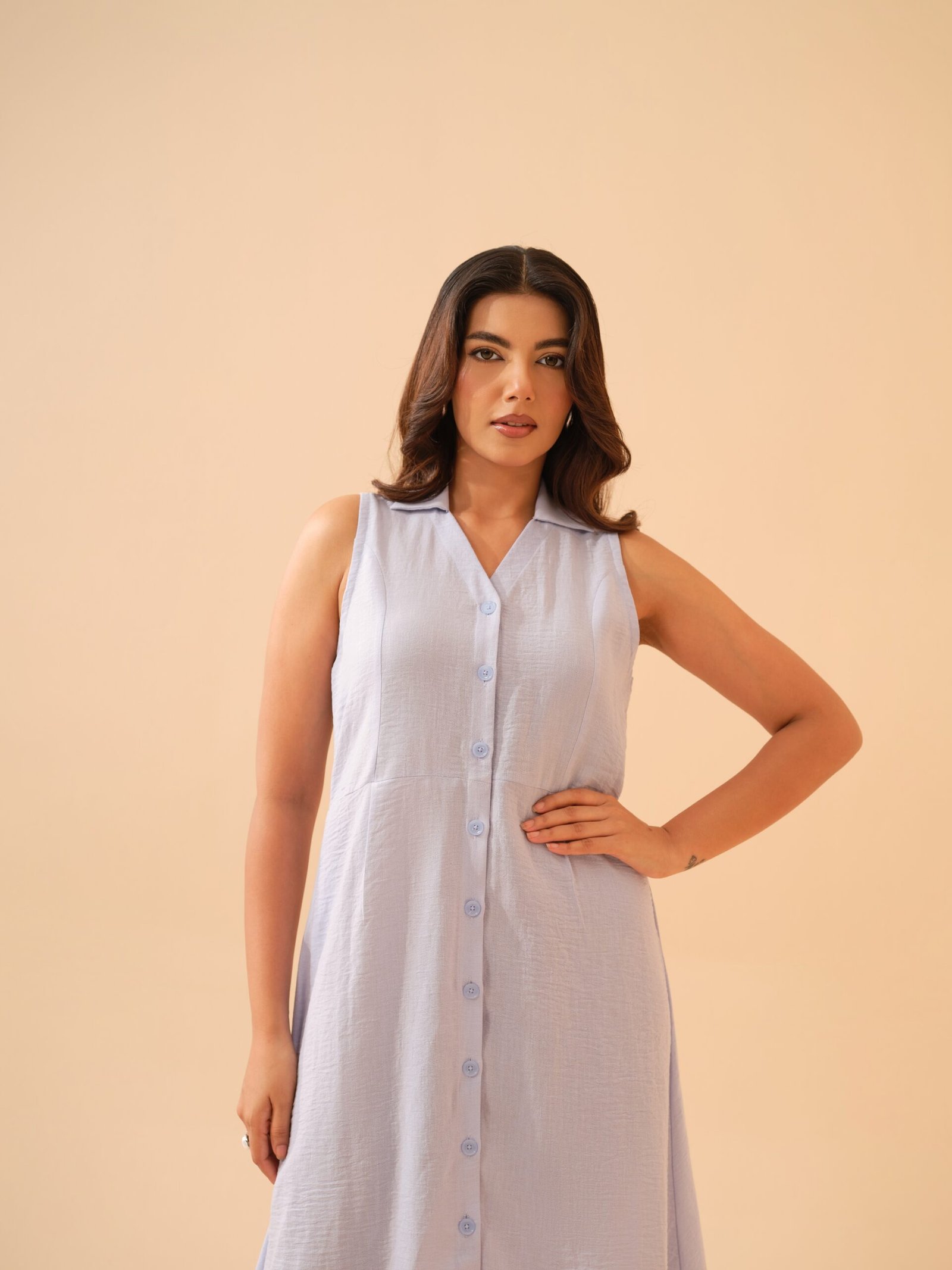 Winter Blue Cotton Linen Shirt Collar Dress