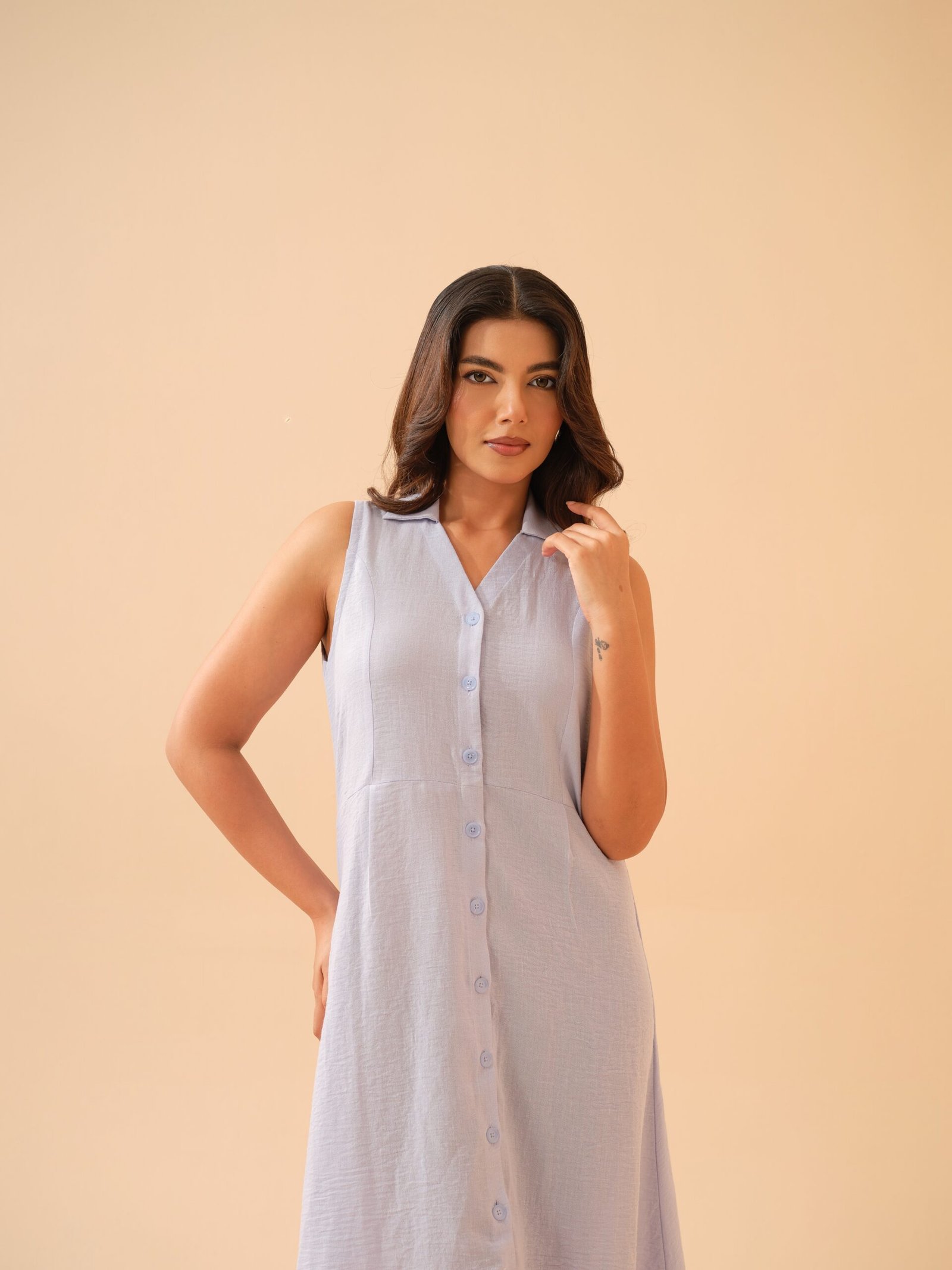 Winter Blue Cotton Linen Shirt Collar Dress