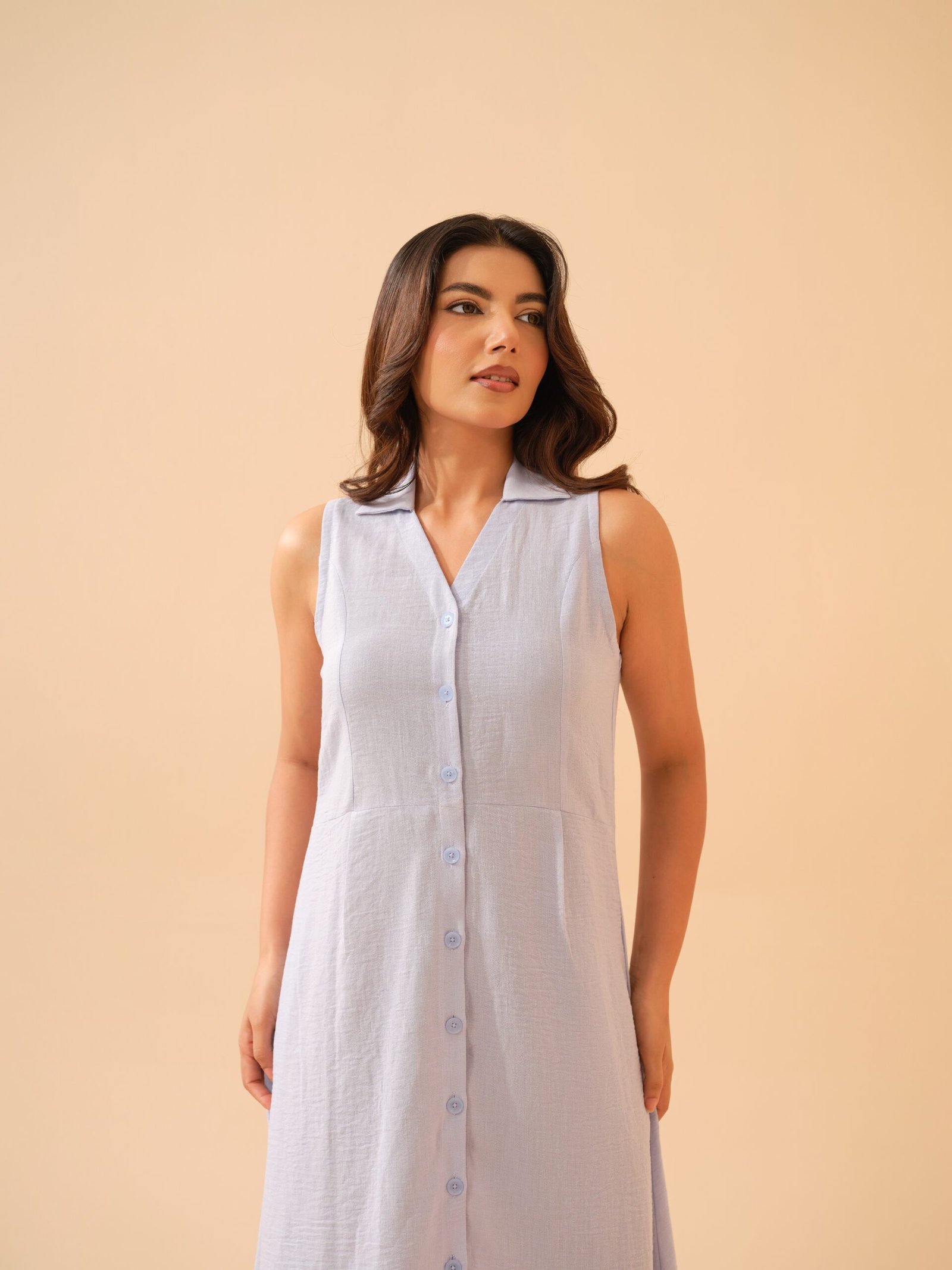 Winter Blue Cotton Linen Shirt Collar Dress