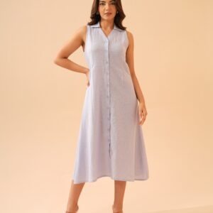 Winter Blue Cotton Linen Shirt Collar Dress