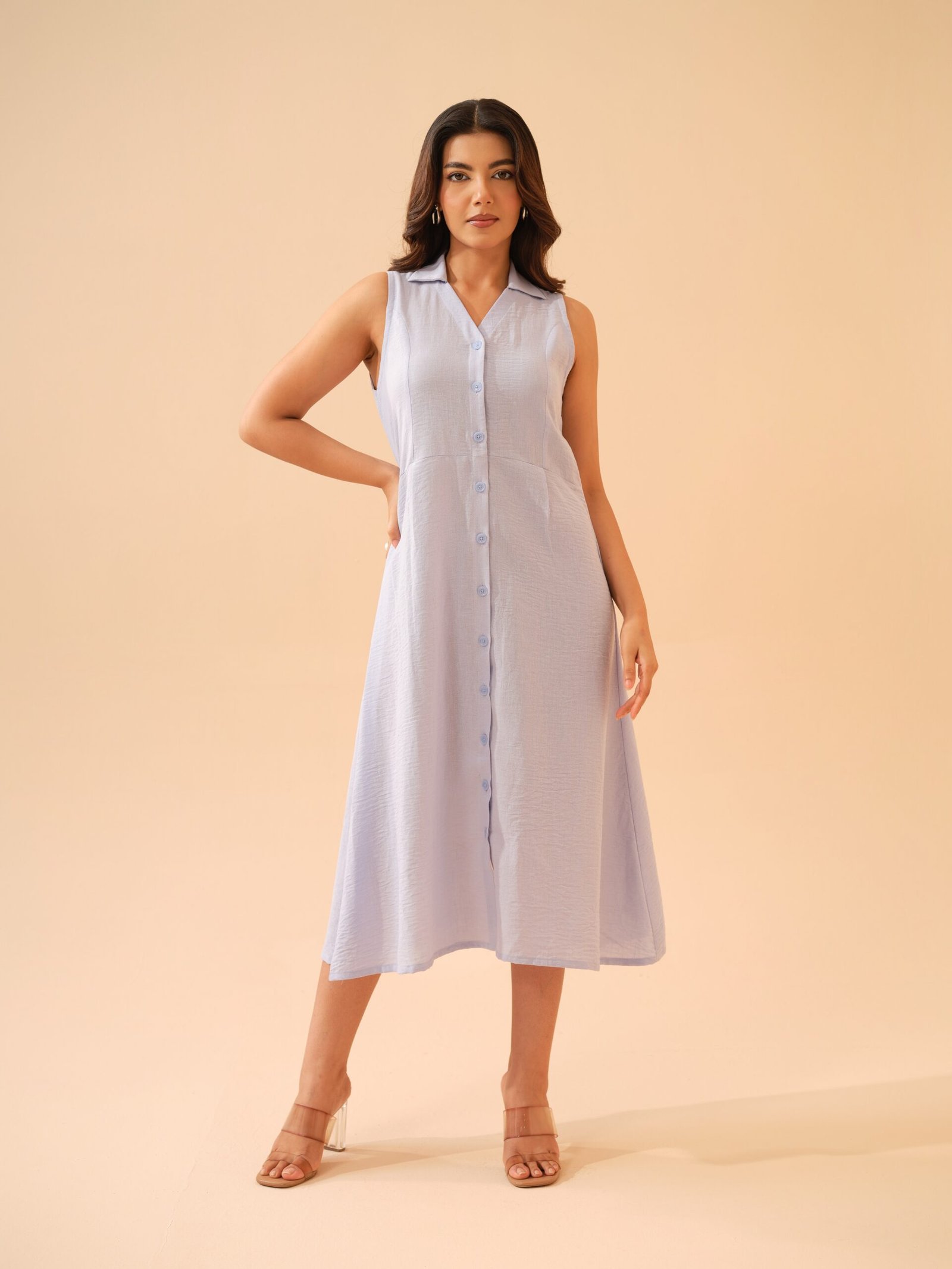 Winter Blue Cotton Linen Shirt Collar Dress