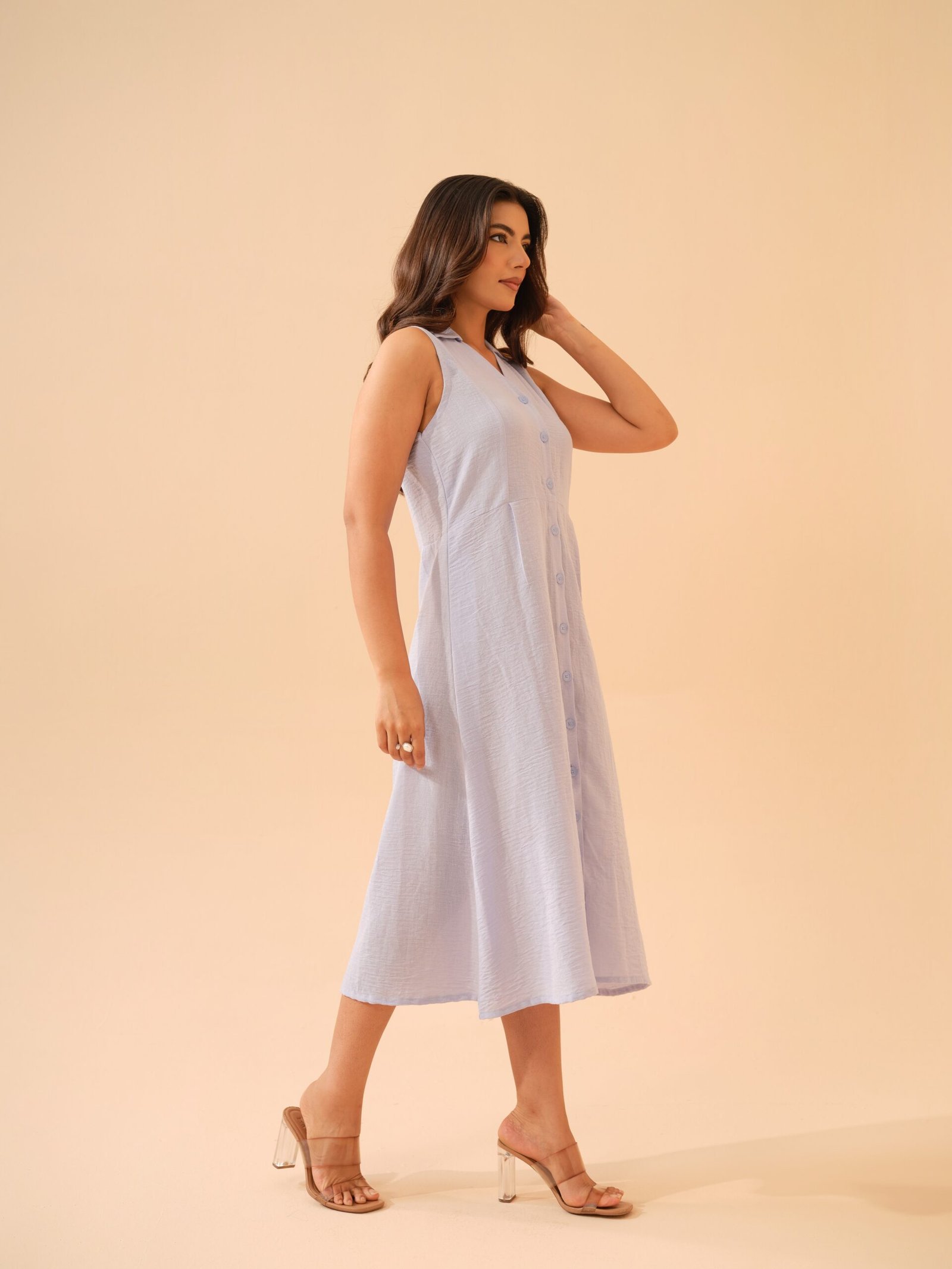 Winter Blue Cotton Linen Shirt Collar Dress