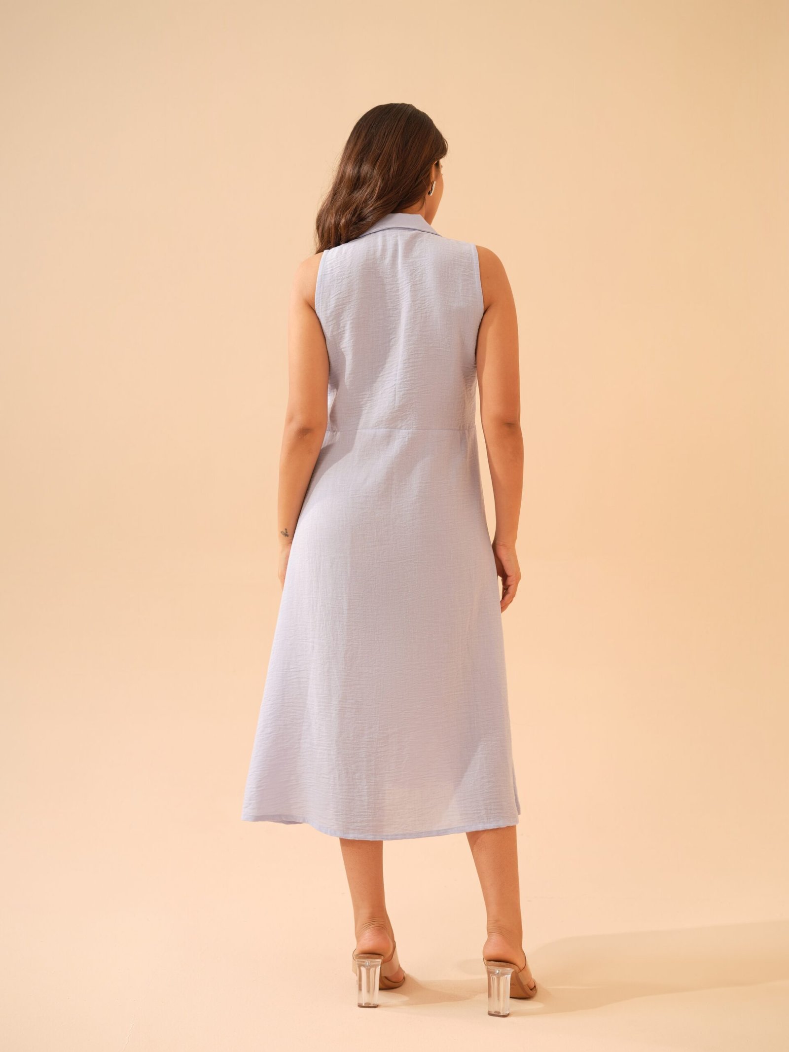 Winter Blue Cotton Linen Shirt Collar Dress
