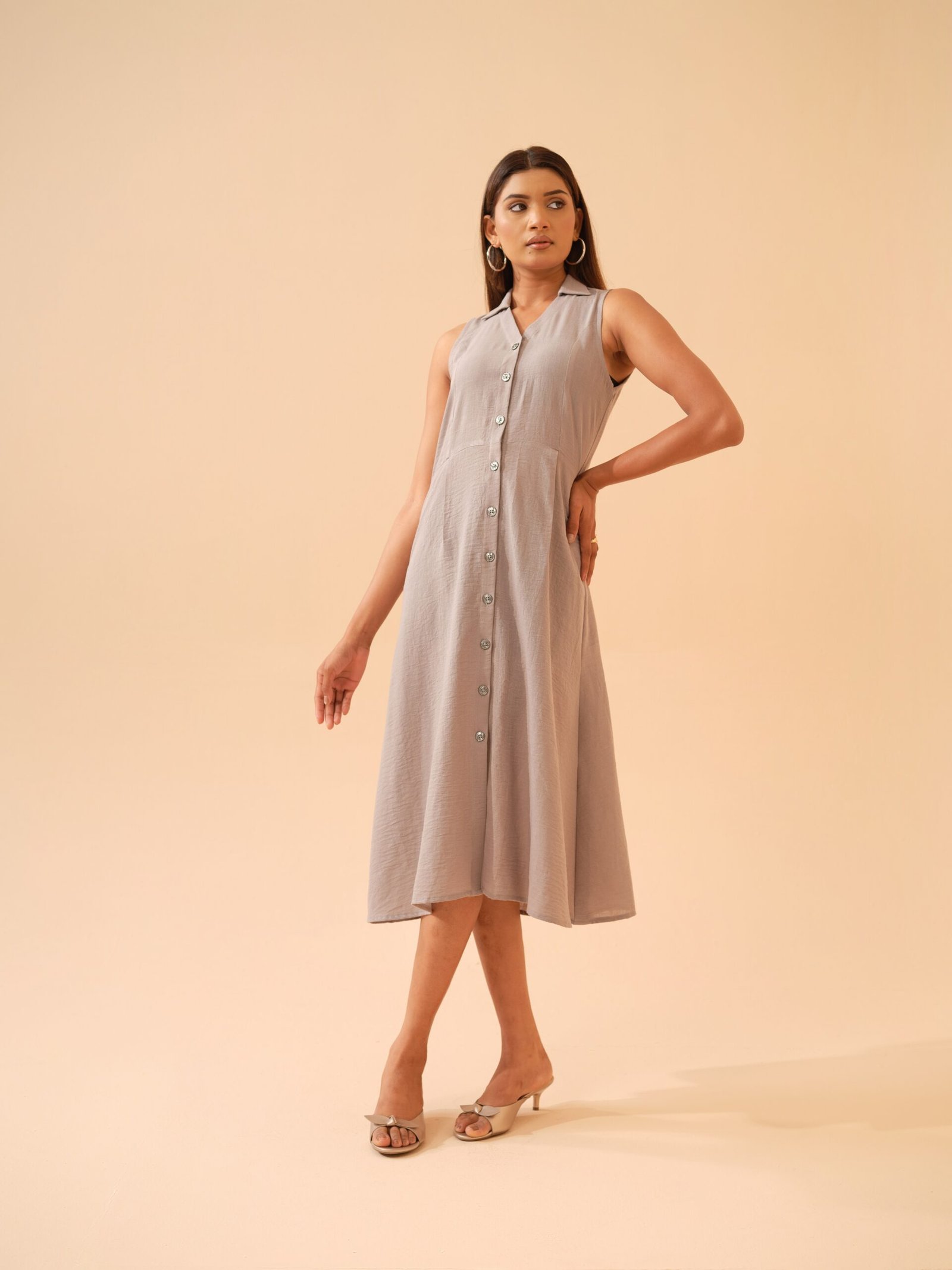 Heavenly Grey Cotton Linen Shirt Collar Dress