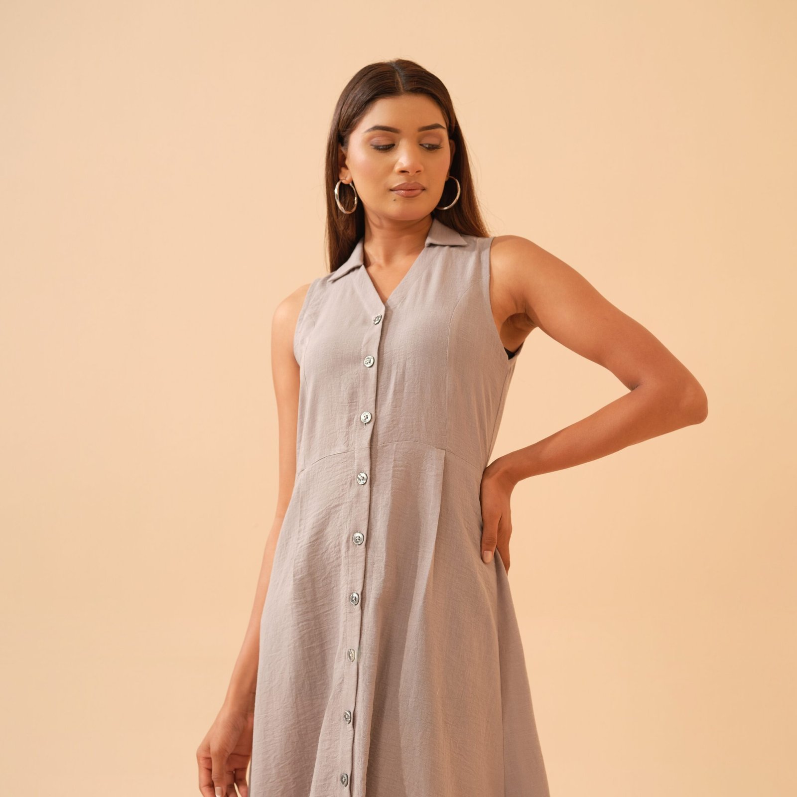Heavenly Grey Cotton Linen Shirt Collar Dress