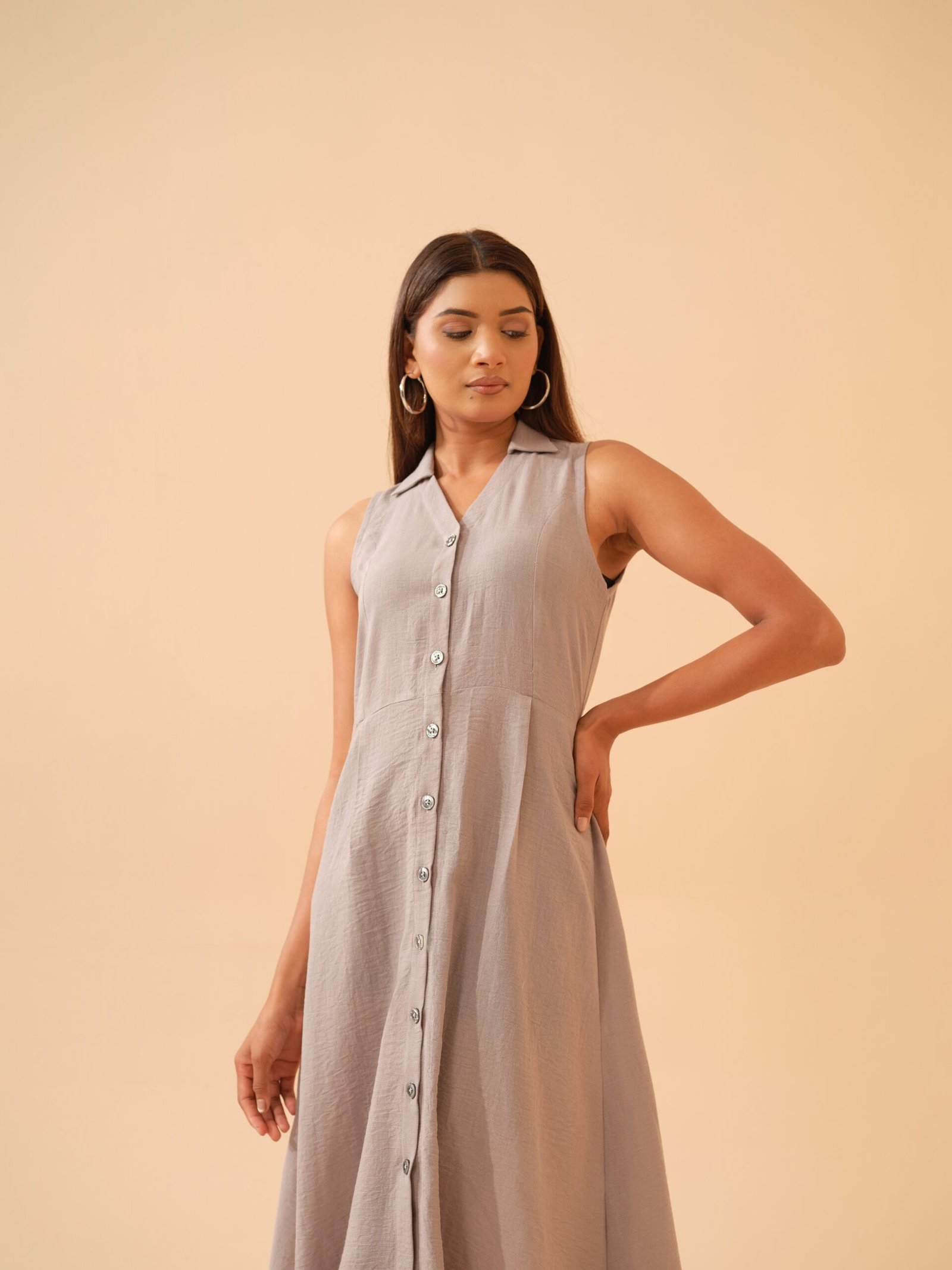 Heavenly Grey Cotton Linen Shirt Collar Dress
