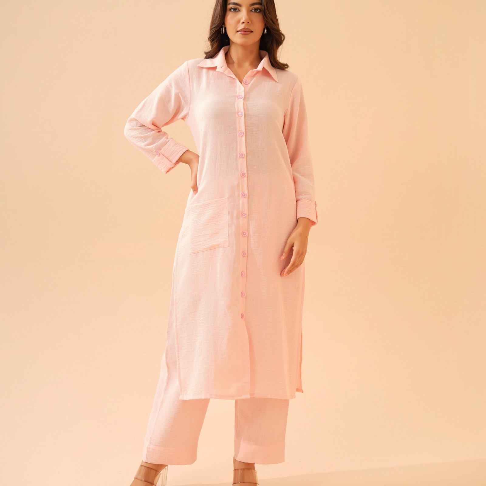 Soft Pink Cotton Linen Shirt Kurta with Pants- Set of 2