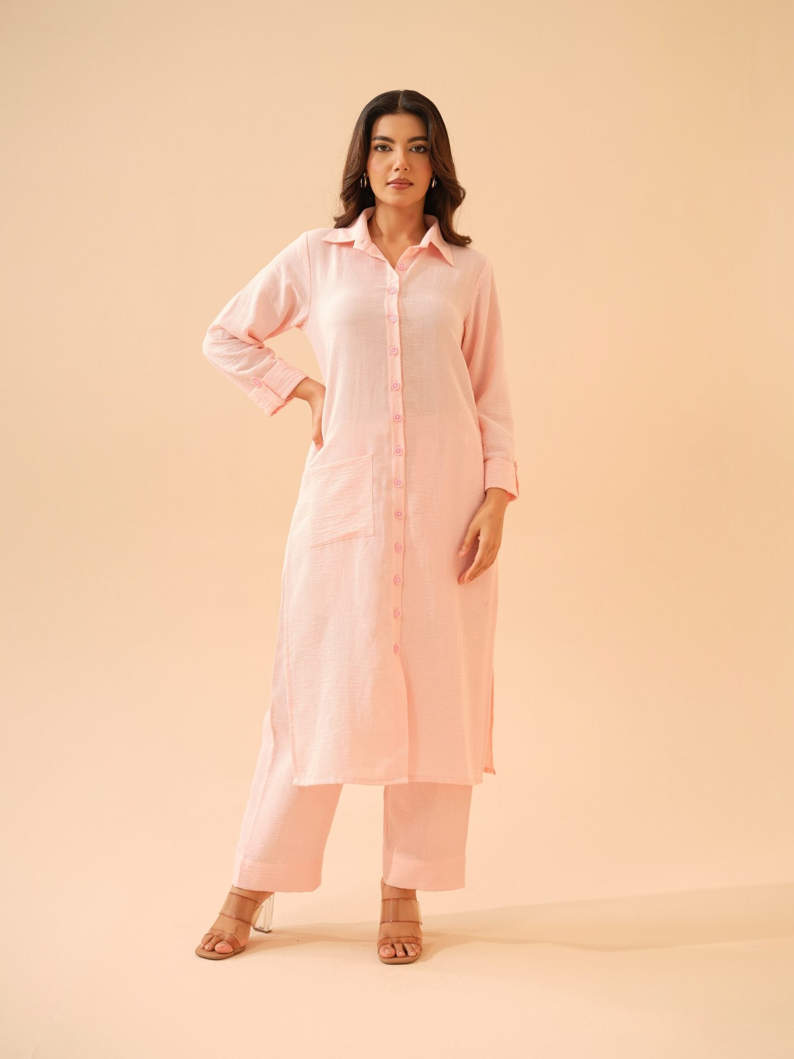 Soft Pink Cotton Linen Shirt Kurta with Pants- Set of 2