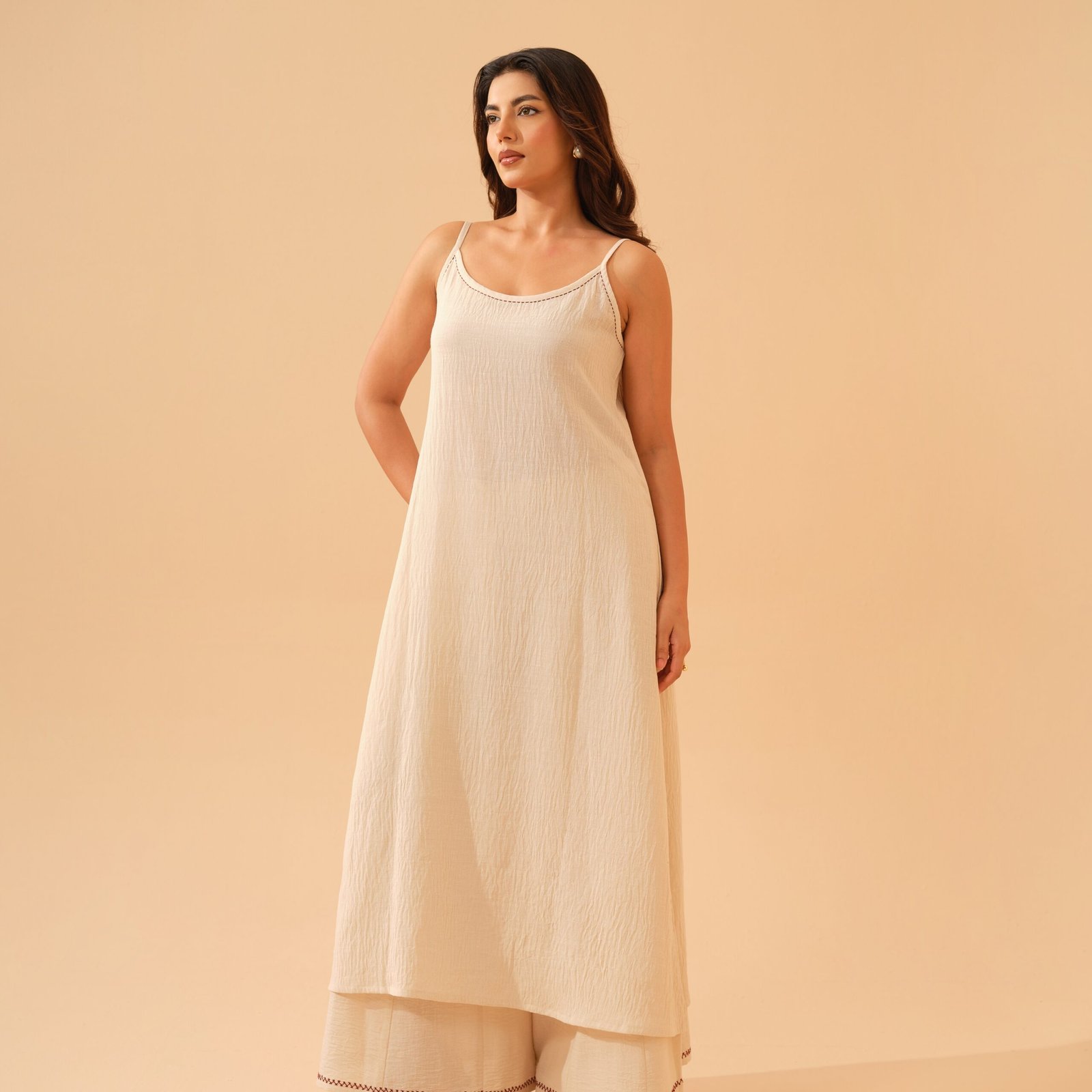 Offwhite Cotton Linen A-Line Kurta with Plazo- Set of 2