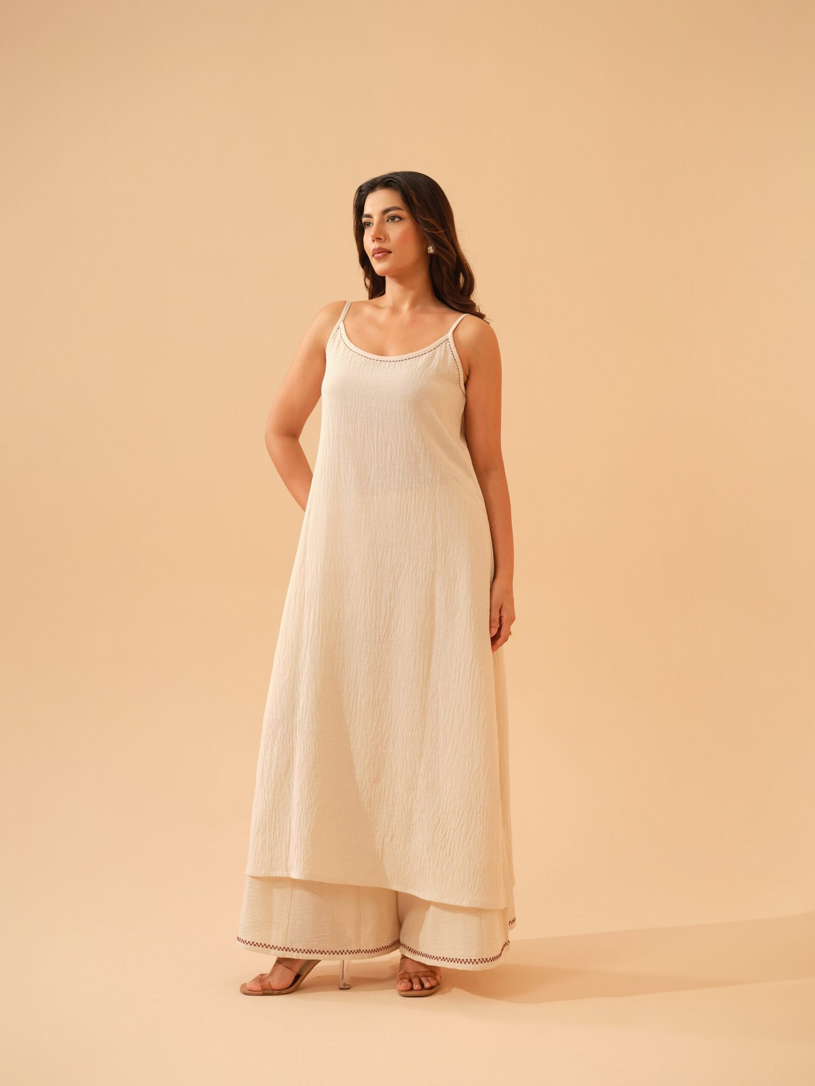Offwhite Cotton Linen A-Line Kurta with Plazo- Set of 2