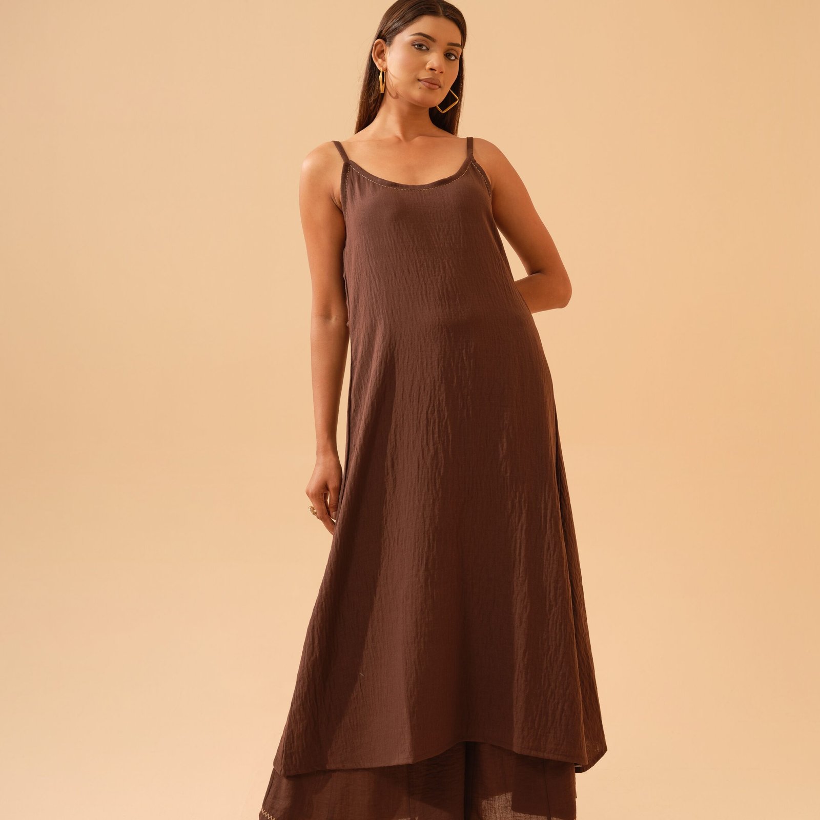 Chocolate Brown Cotton Linen A-Line kurta with Plazo- Set of 2