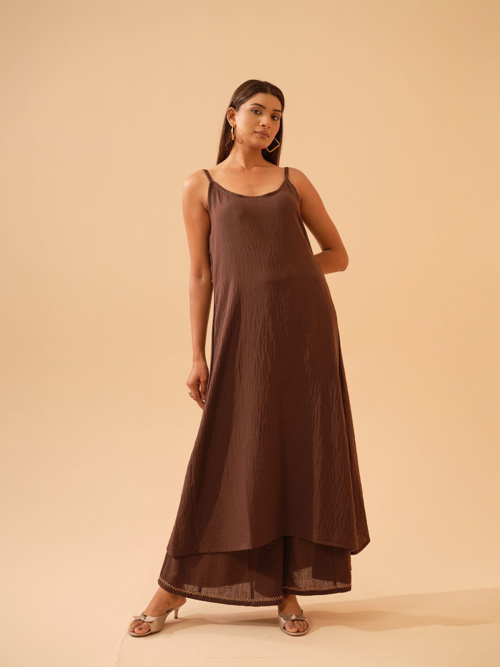 Chocolate Brown Cotton Linen A-Line kurta with Plazo- Set of 2