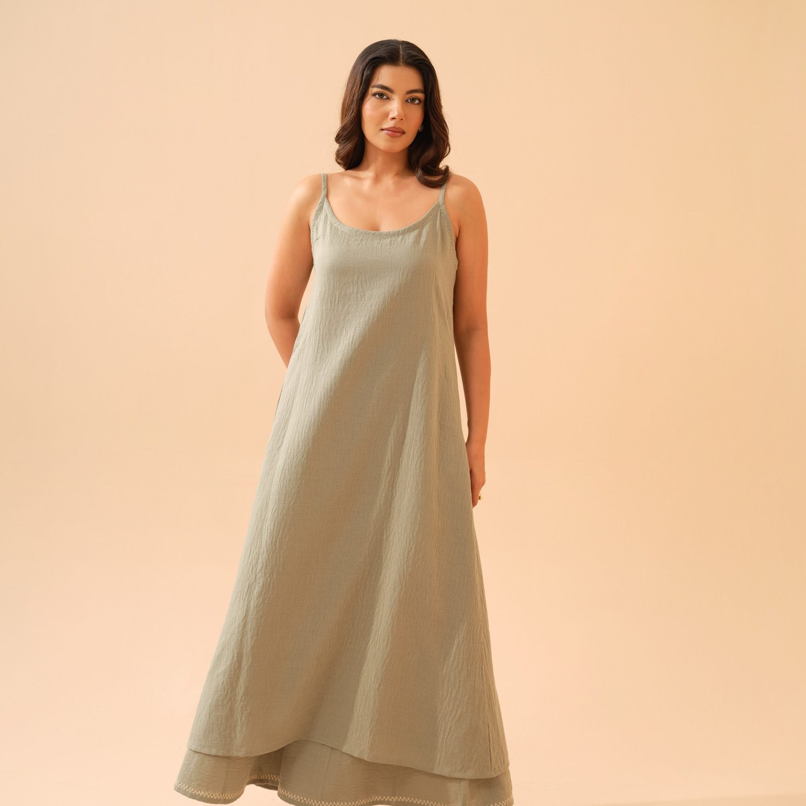 Mid Sage Green Cotton Linen A-Line Kurta with Plazo- Set of 2