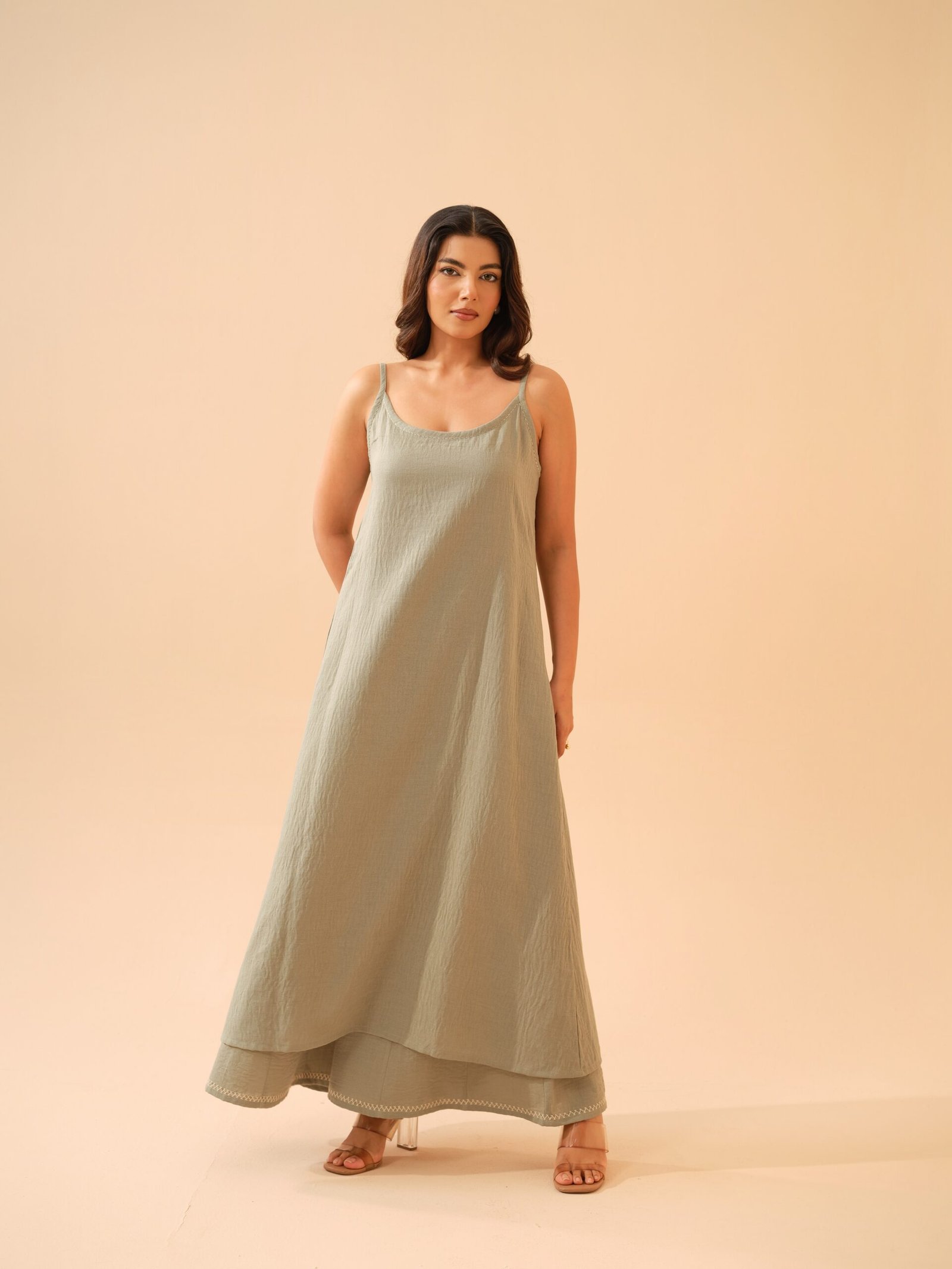 Mid Sage Green Cotton Linen A-Line Kurta with Plazo- Set of 2