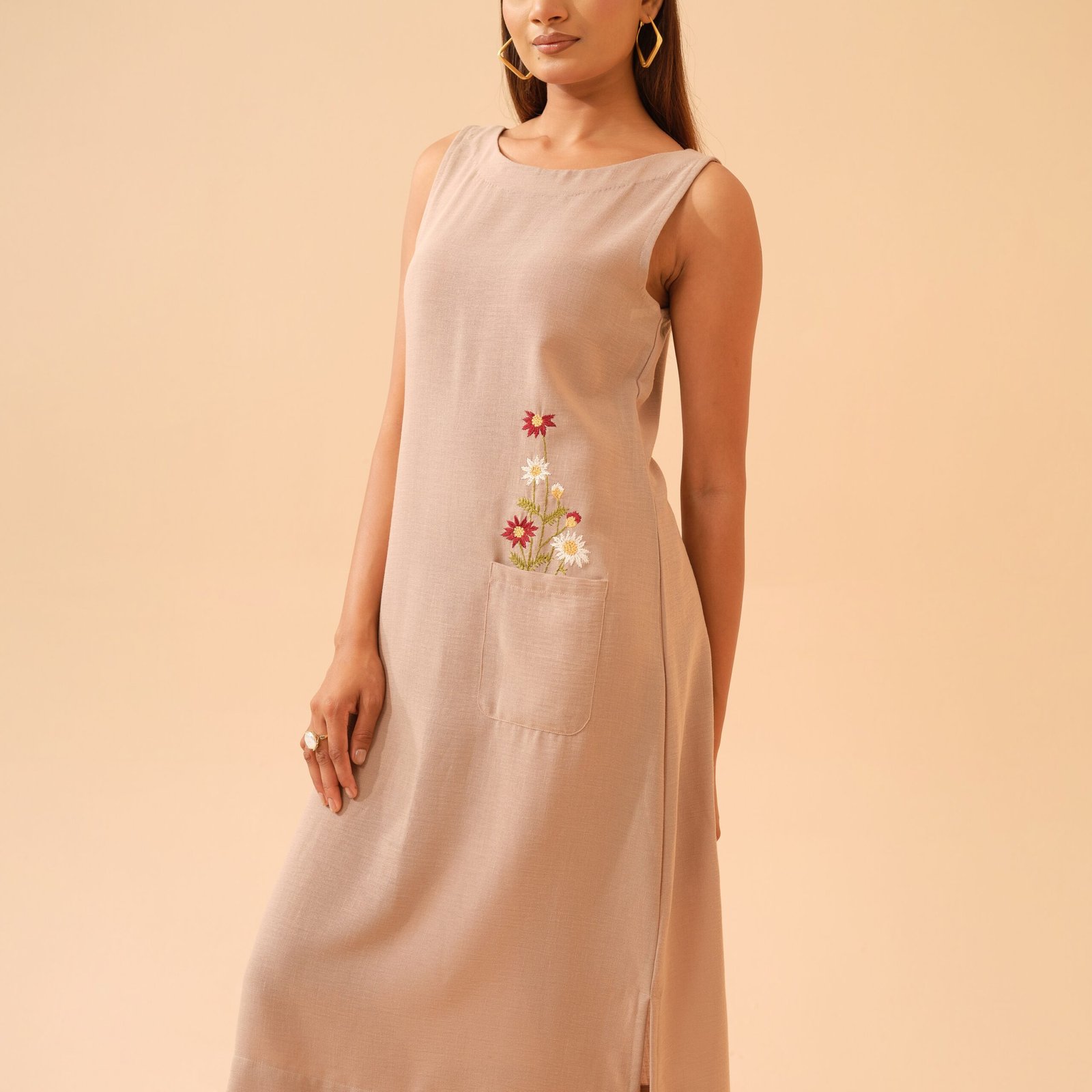 Neutral Beige Embroidered mid length Dress
