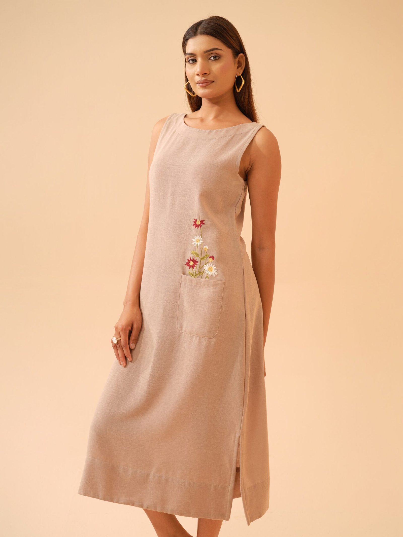 Neutral Beige Embroidered mid length Dress