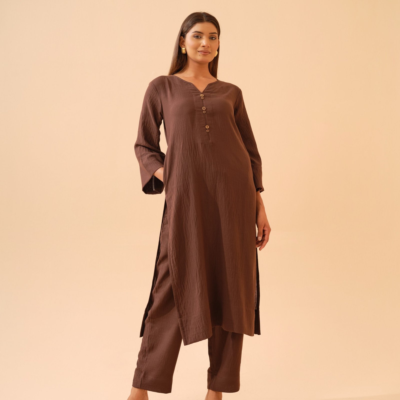 Chocolate Brown Cotton Linen Co-ord Set- Set of 2