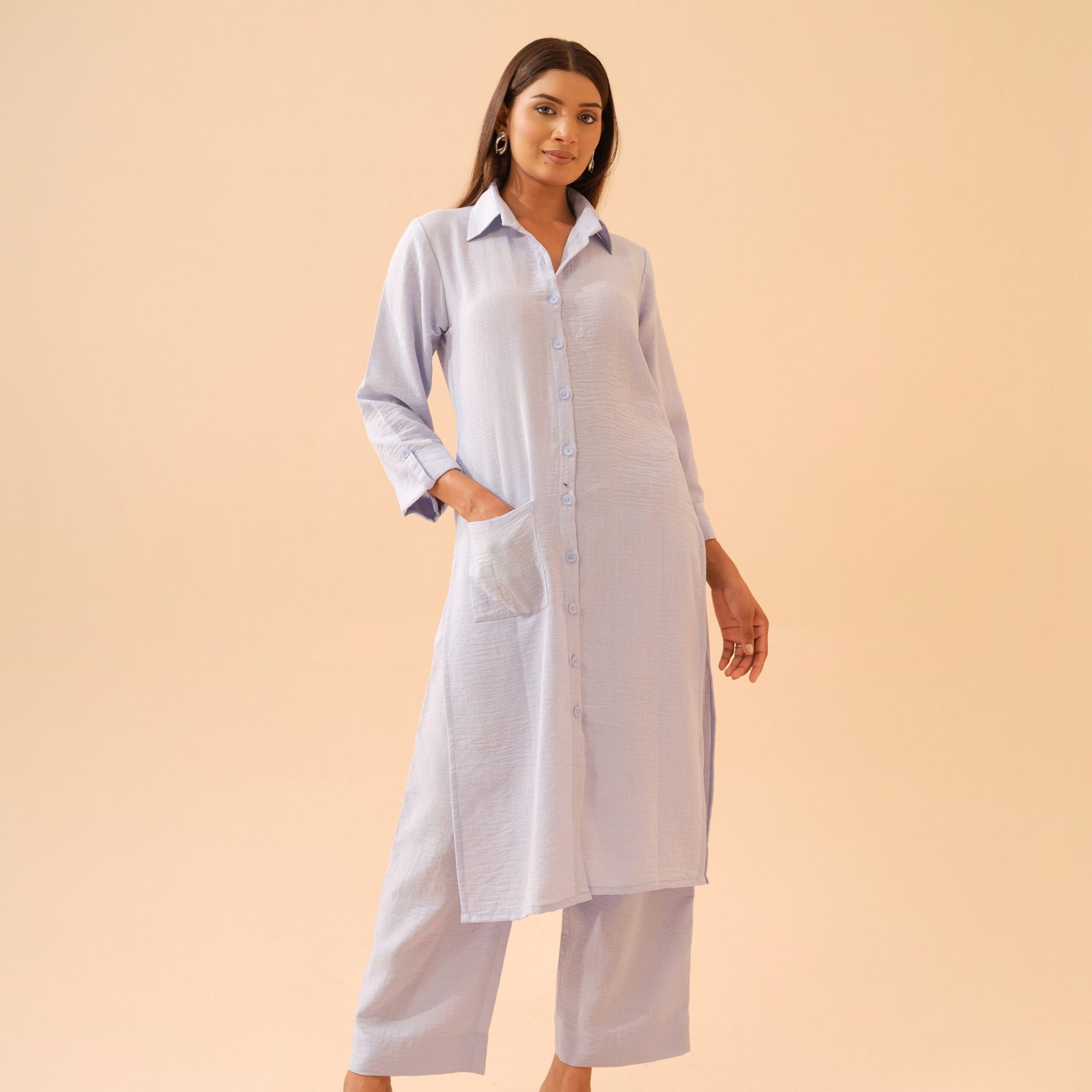 Winter Blue Cotton Linen Shirt Kurta with Pants- Set of 2