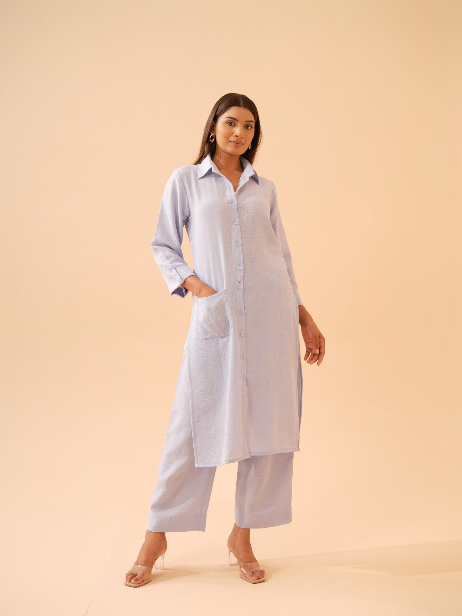 Winter Blue Cotton Linen Shirt Kurta with Pants- Set of 2