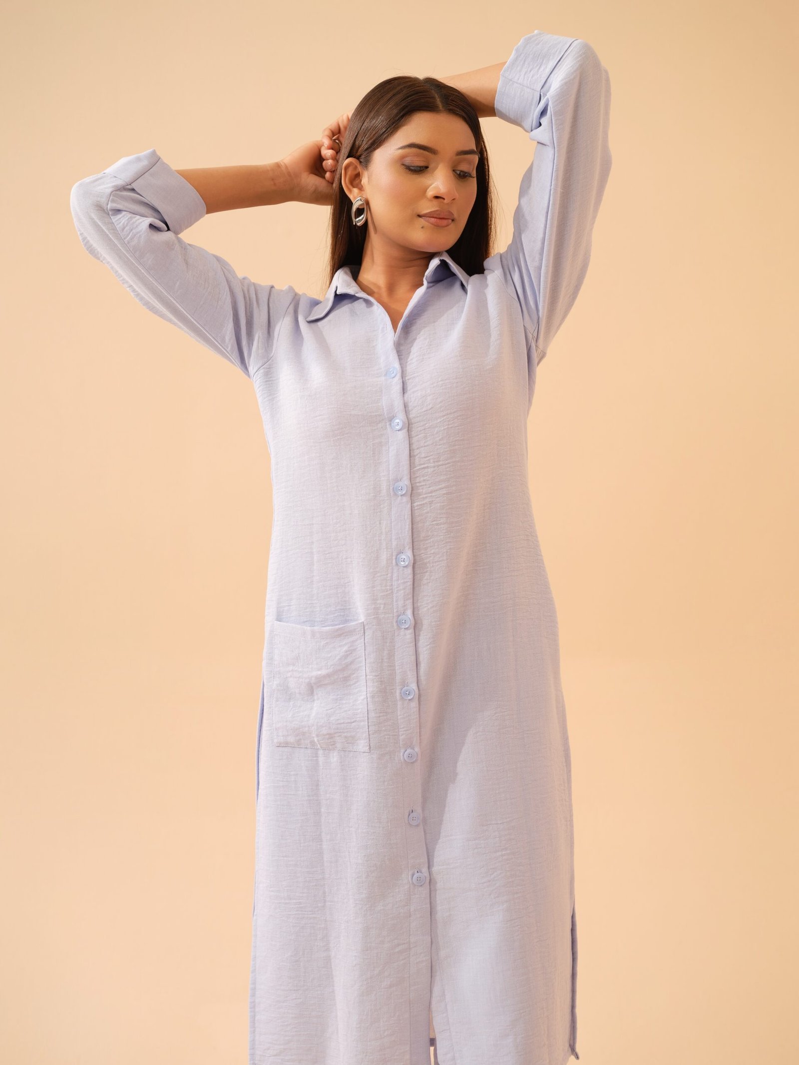 Winter Blue Cotton Linen Shirt Kurta with Pants- Set of 2