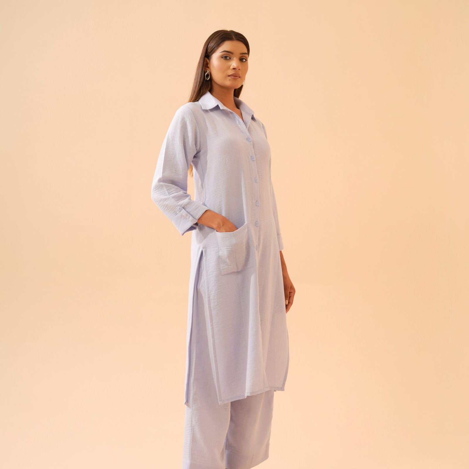 Winter Blue Cotton Linen Shirt Kurta with Pants- Set of 2